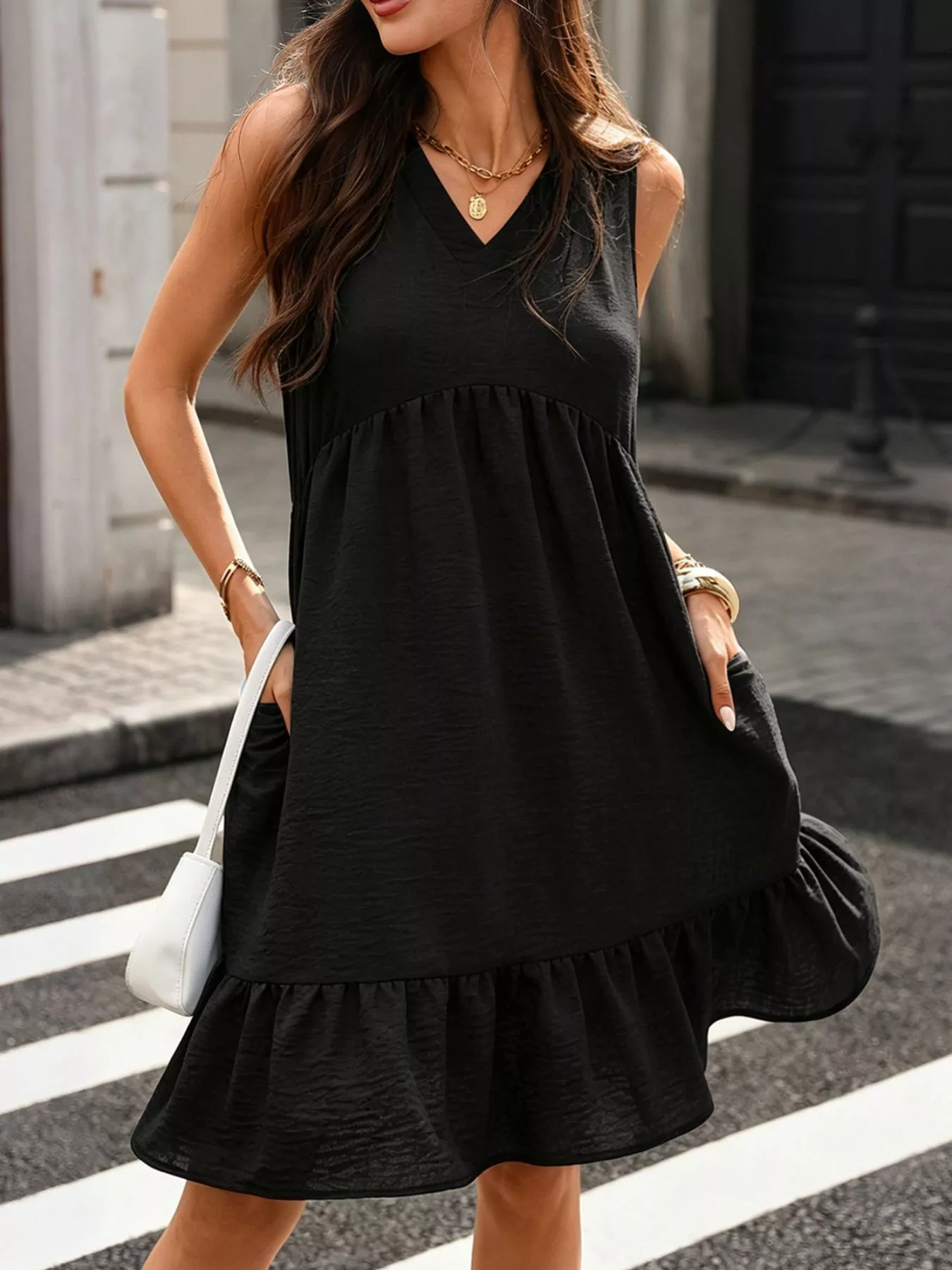 Sleeveless V-Neck Ruffle Hem Casual Dress - Image 14