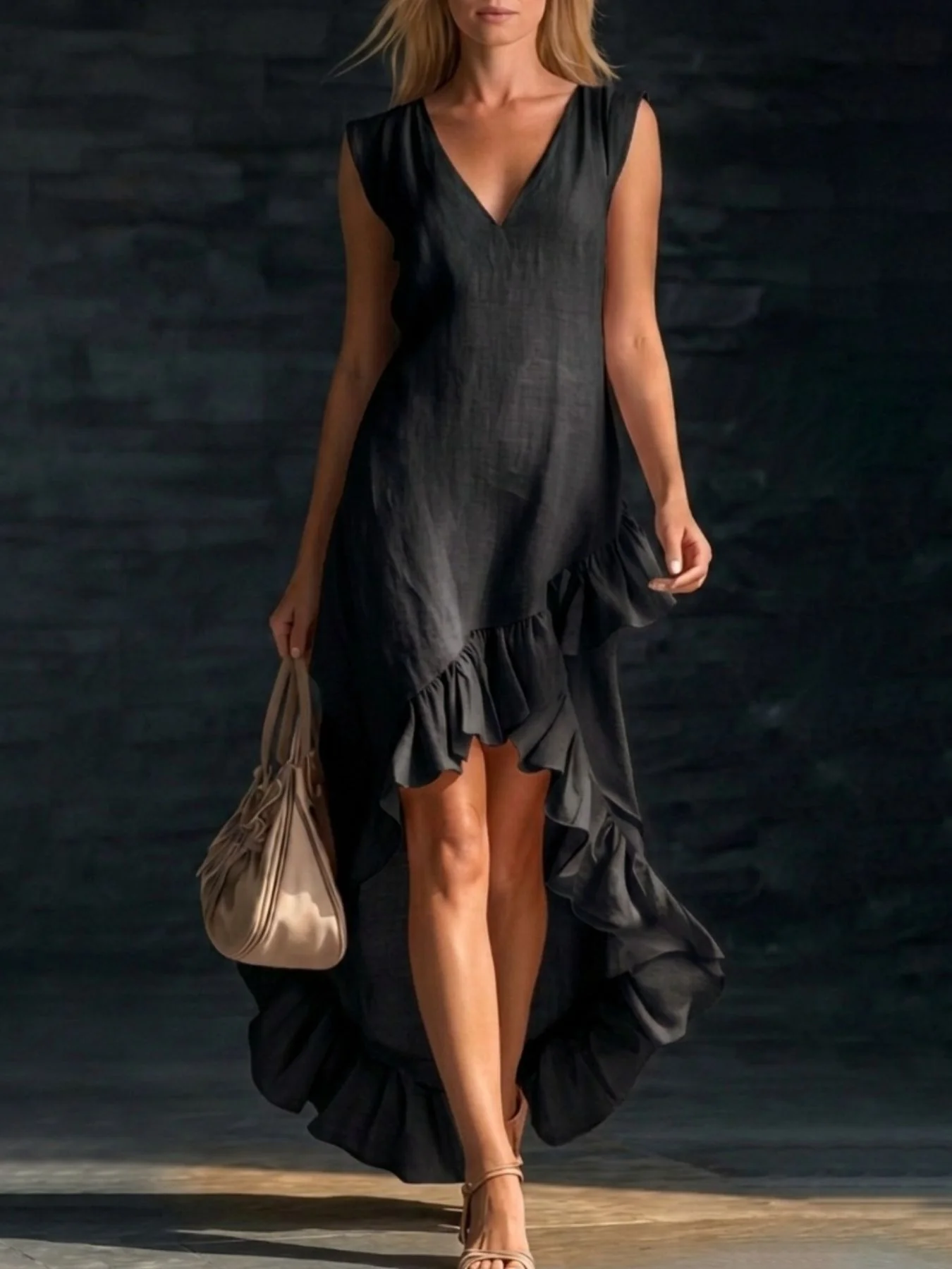 Sleeveless V-Neck Ruffle Hem High-Low Dress - Image 10
