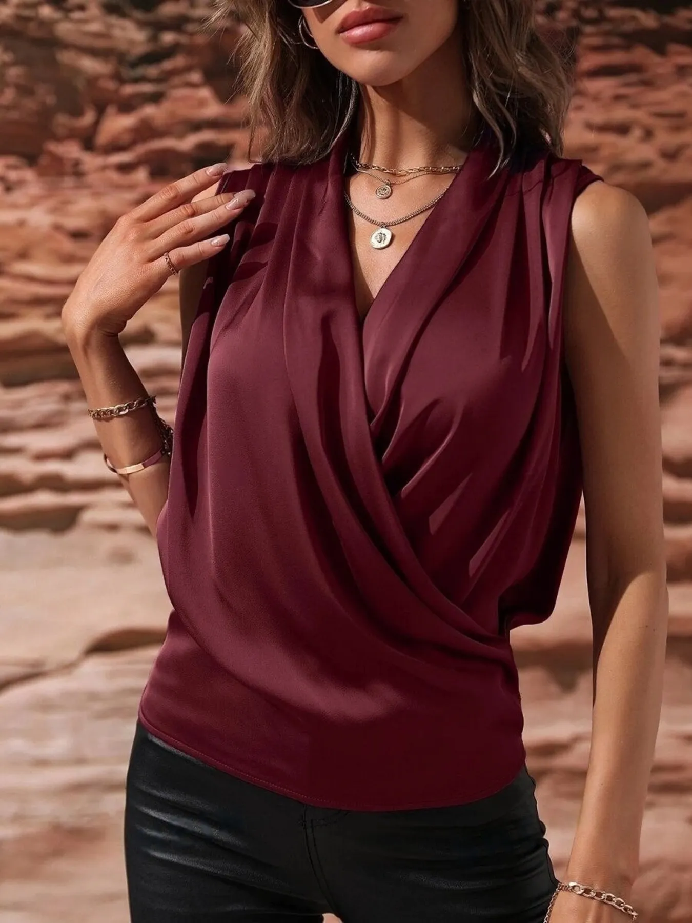 Sleeveless Wrap Draped  Blouse - Image 17
