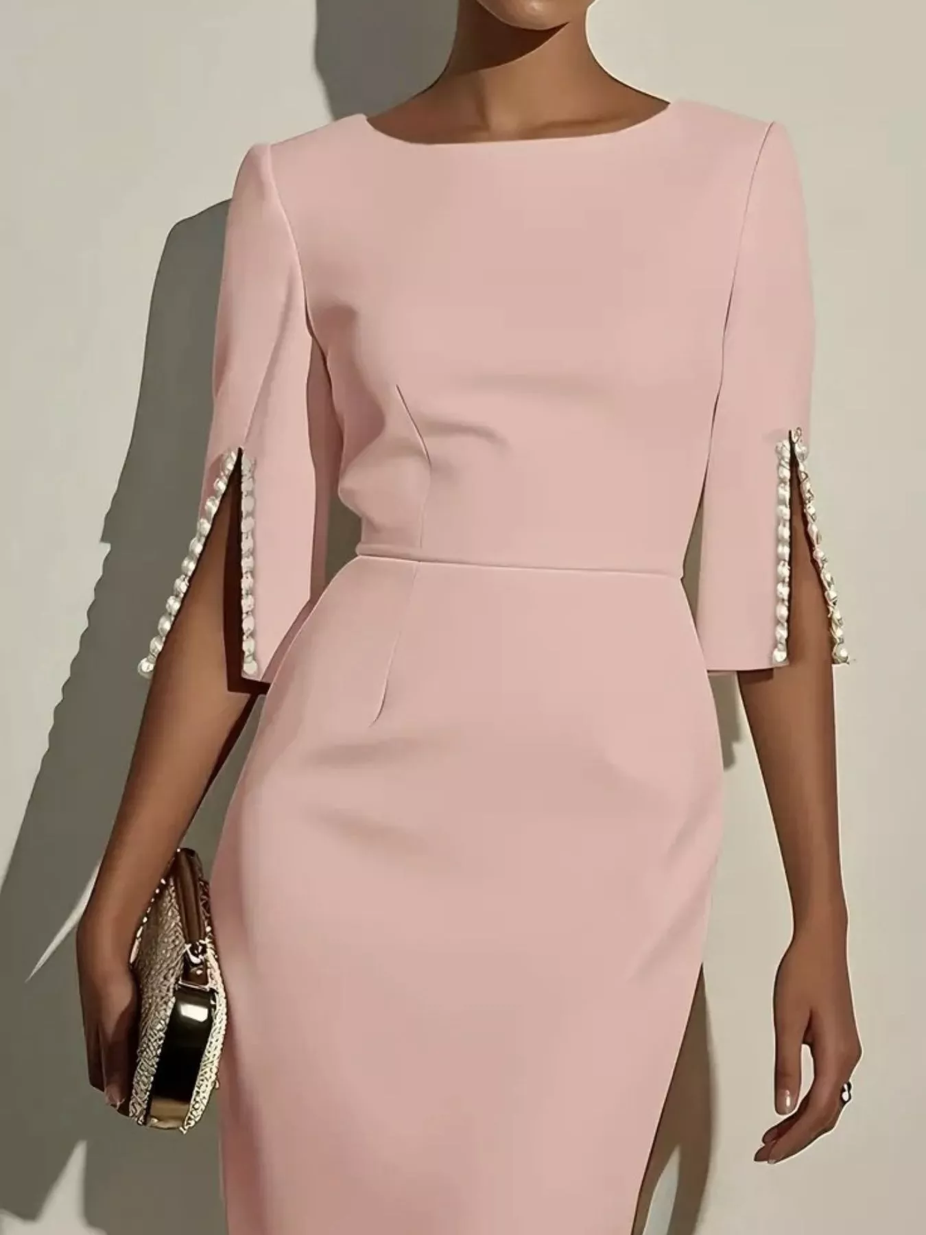 Slim-Fit Elegant Midi Dress with Beaded Slit Sleeve - Image 8