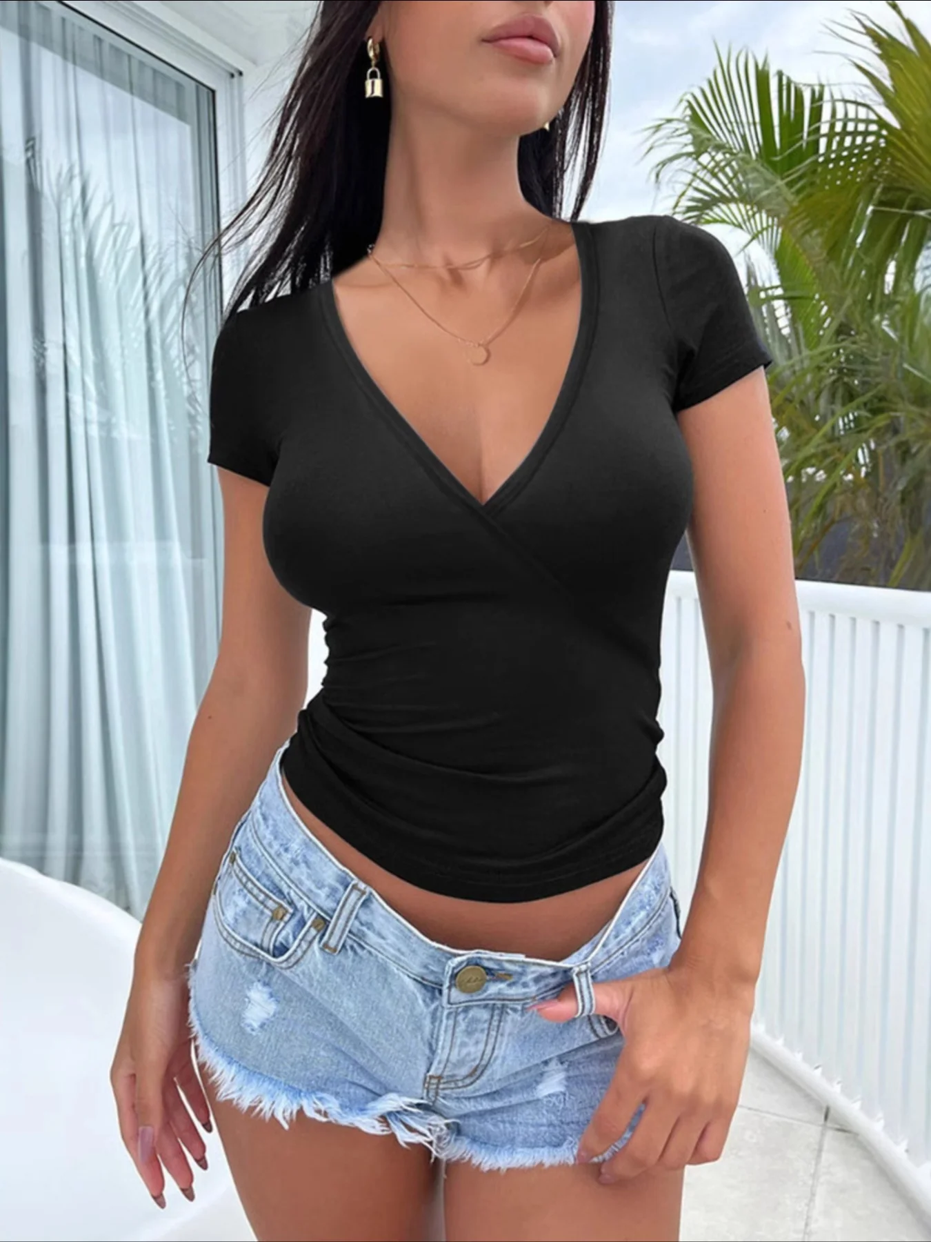 Slim Fit Surplice Short Sleeve T-Shirt - Image 3
