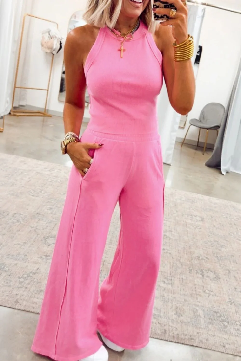 Slim Ribbed Tank Top and Sweatpants Set - Image 3