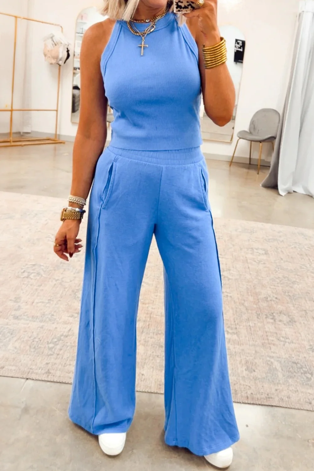Slim Ribbed Tank Top and Sweatpants Set - Image 6