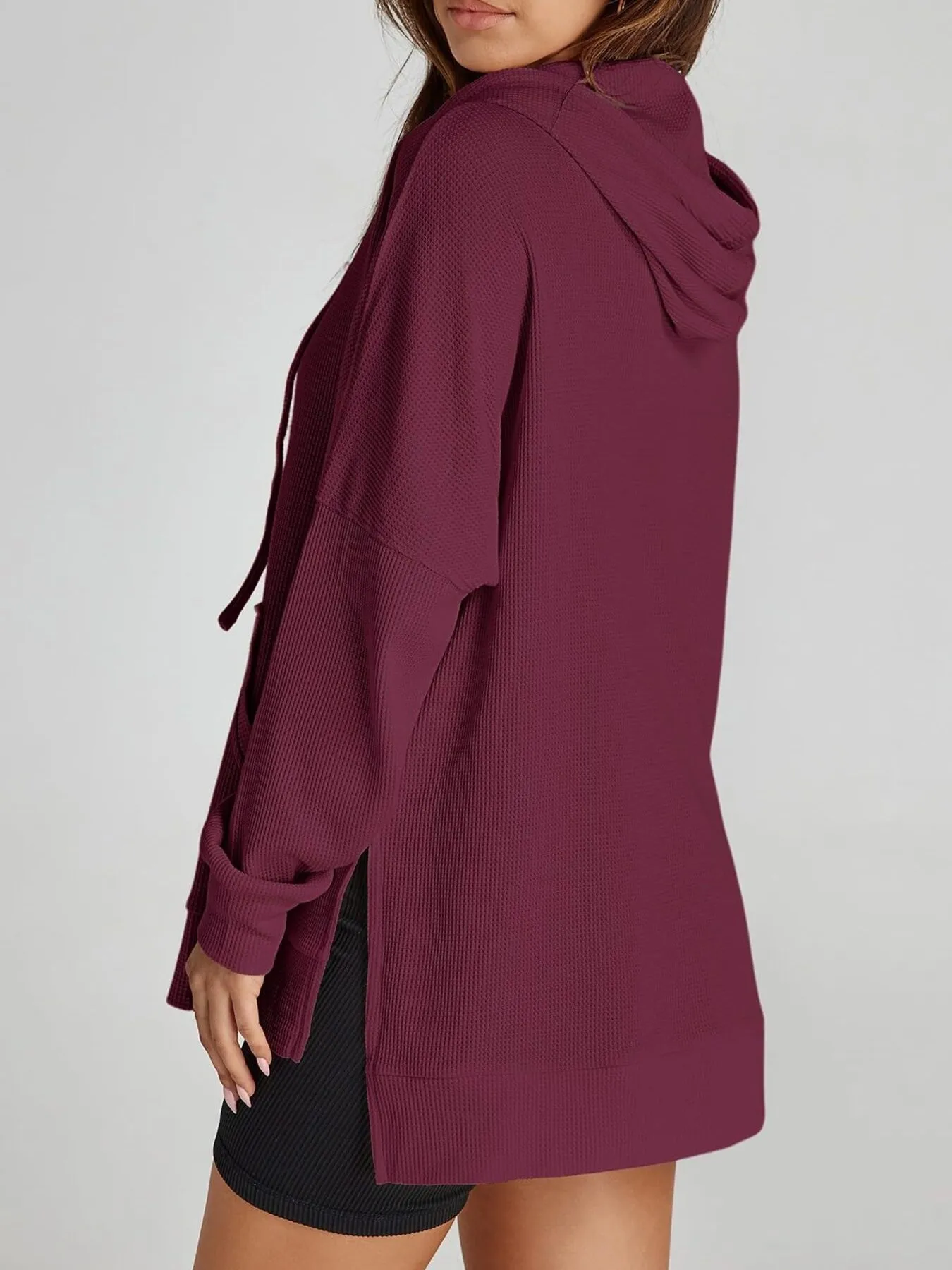 Slit Drawstring Waffle Knit Hoodie - Image 11