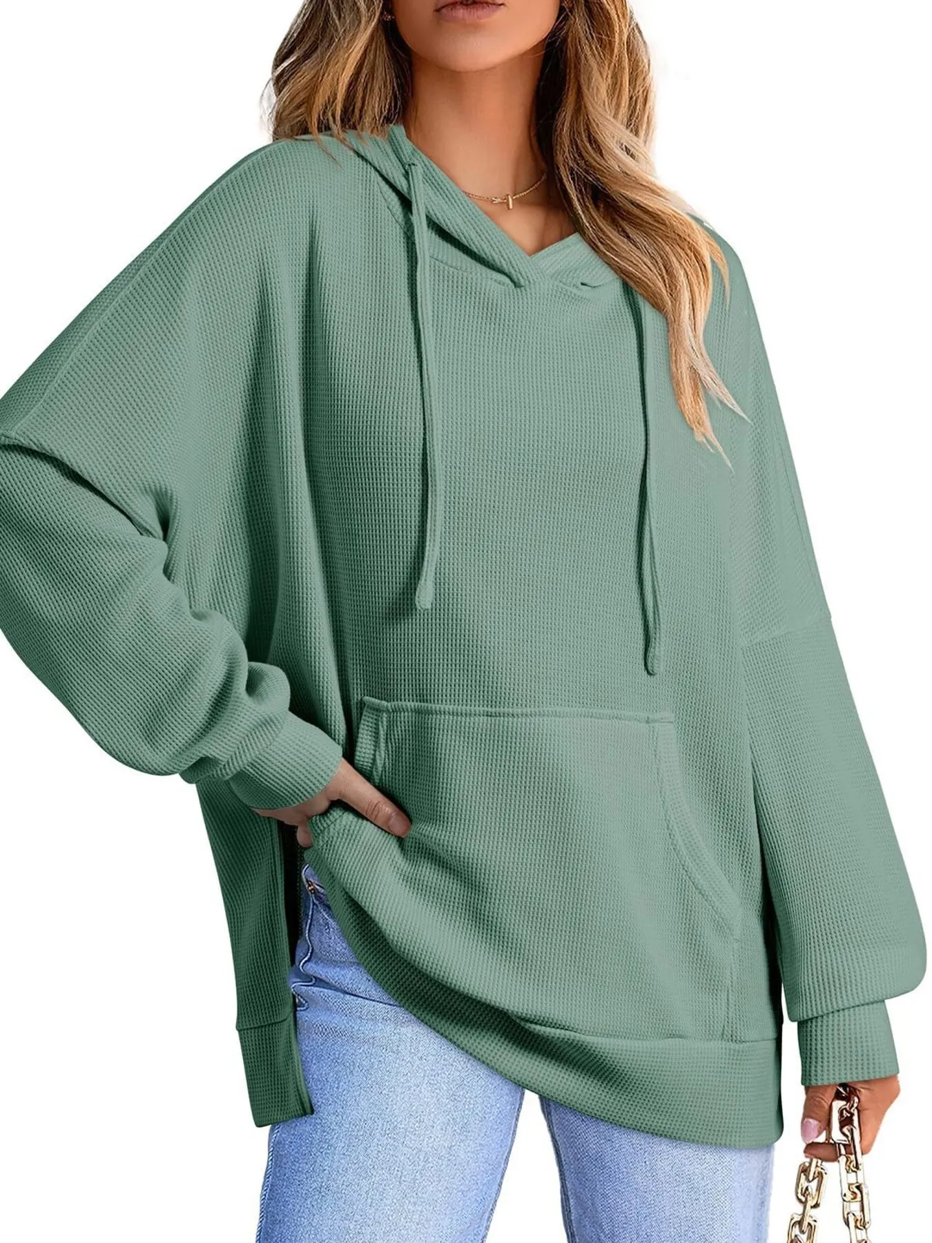 Slit Drawstring Waffle Knit Hoodie - Image 12