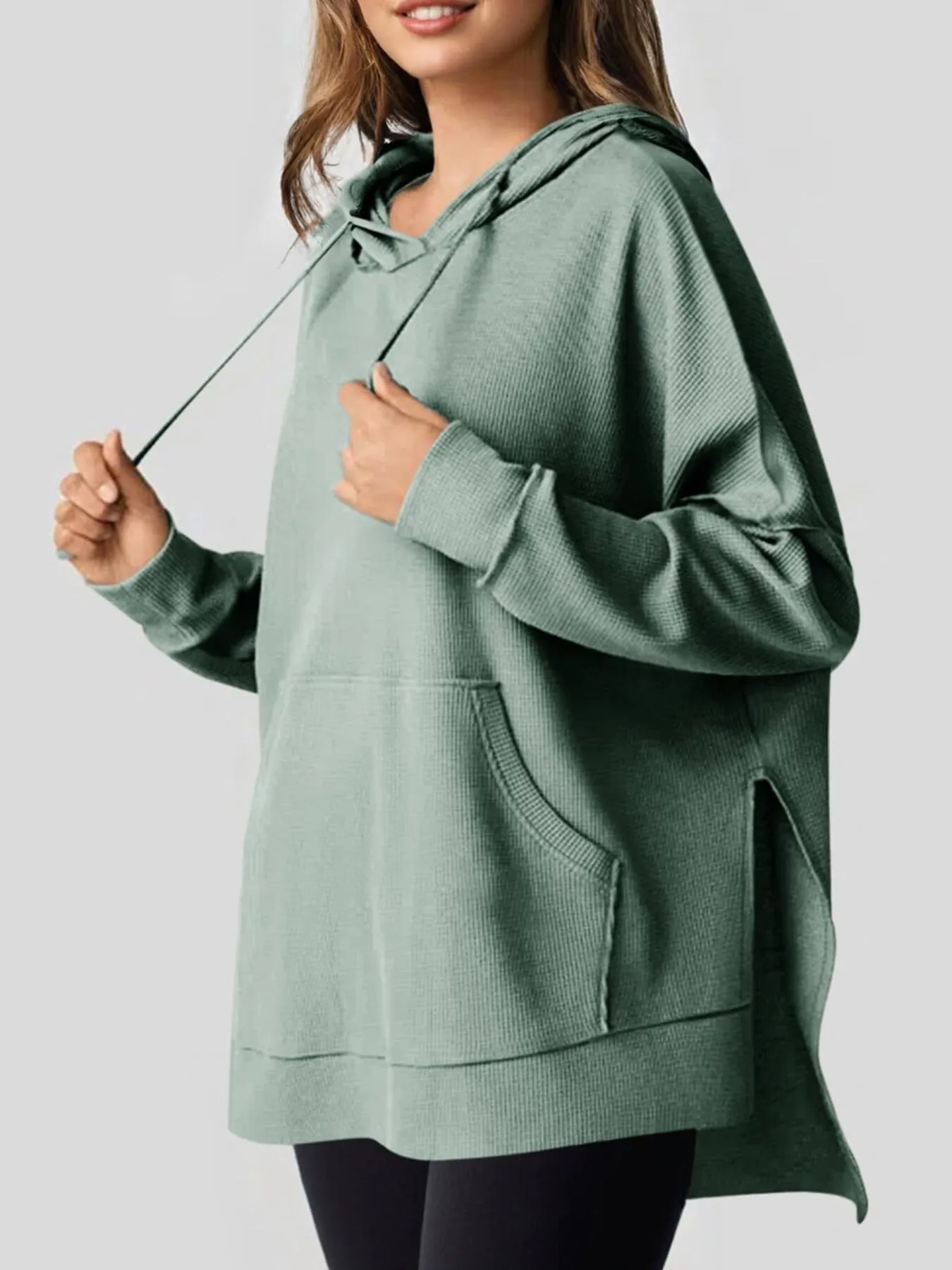 Slit Drawstring Waffle Knit Hoodie - Image 13