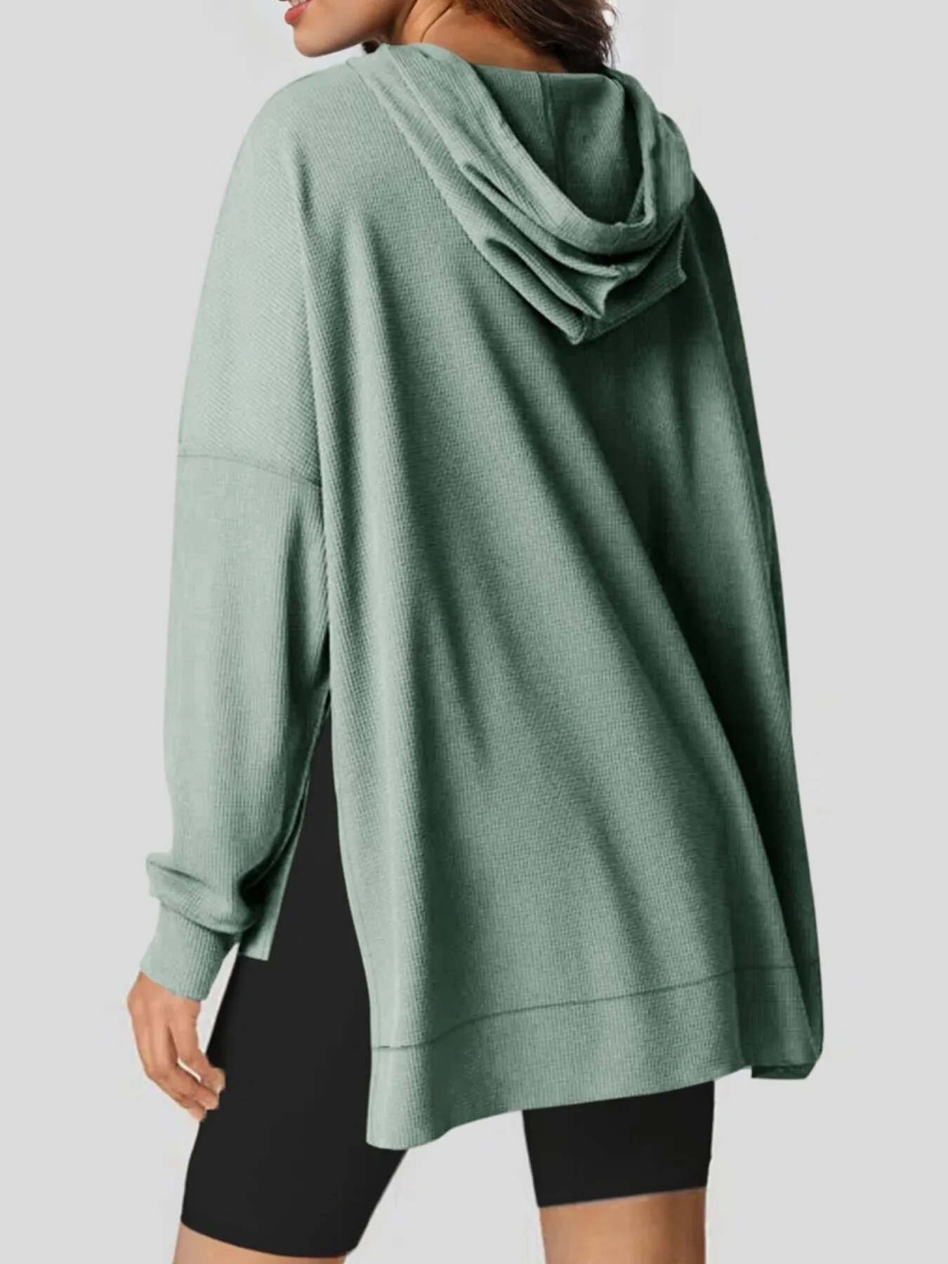 Slit Drawstring Waffle Knit Hoodie - Image 14