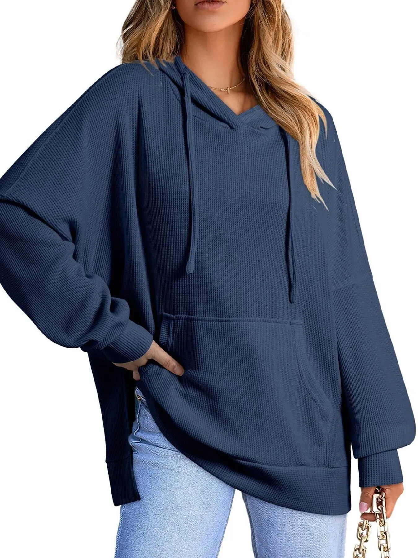 Slit Drawstring Waffle Knit Hoodie - Image 16