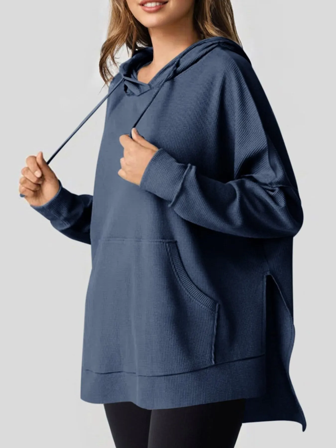 Slit Drawstring Waffle Knit Hoodie - Image 17