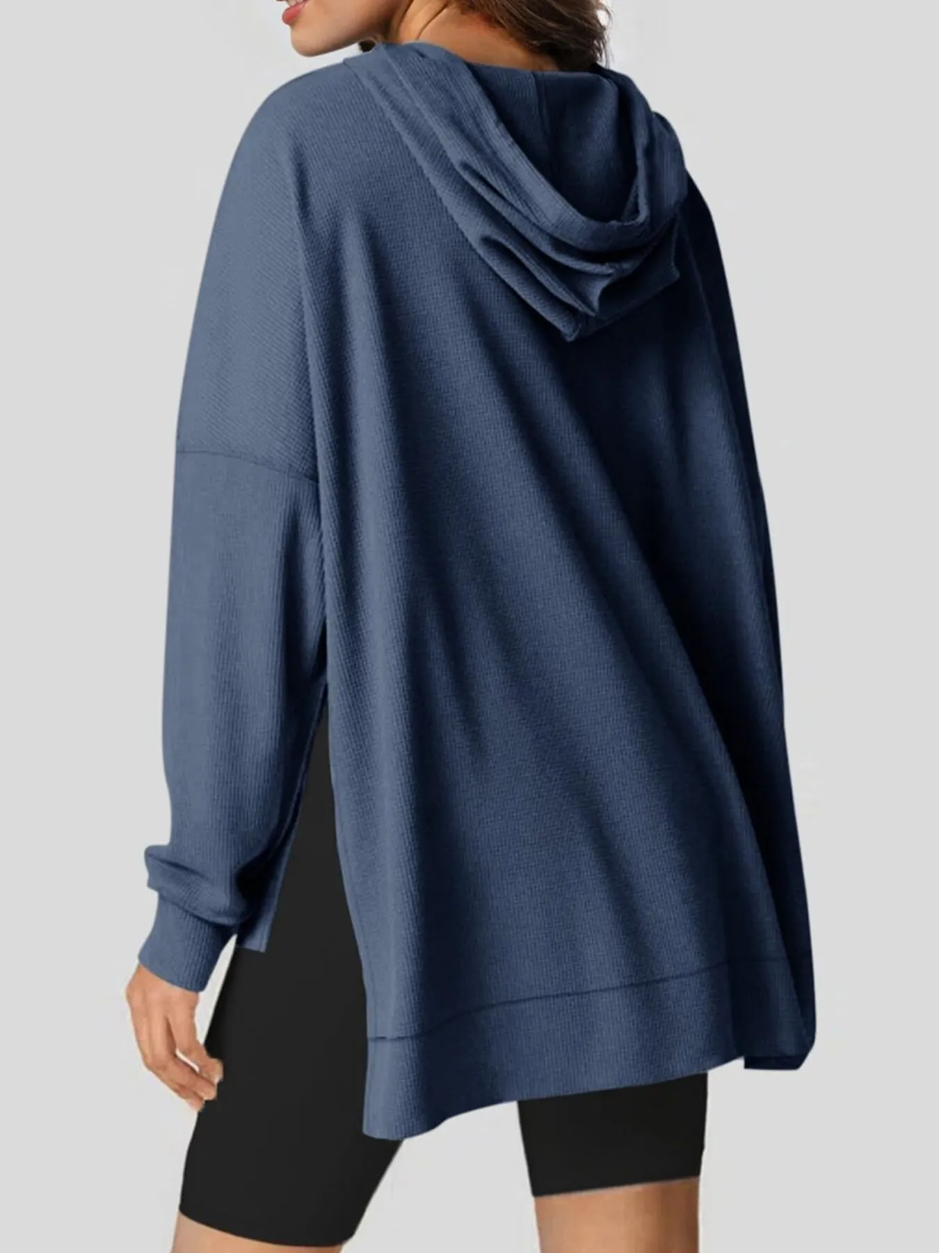 Slit Drawstring Waffle Knit Hoodie - Image 18