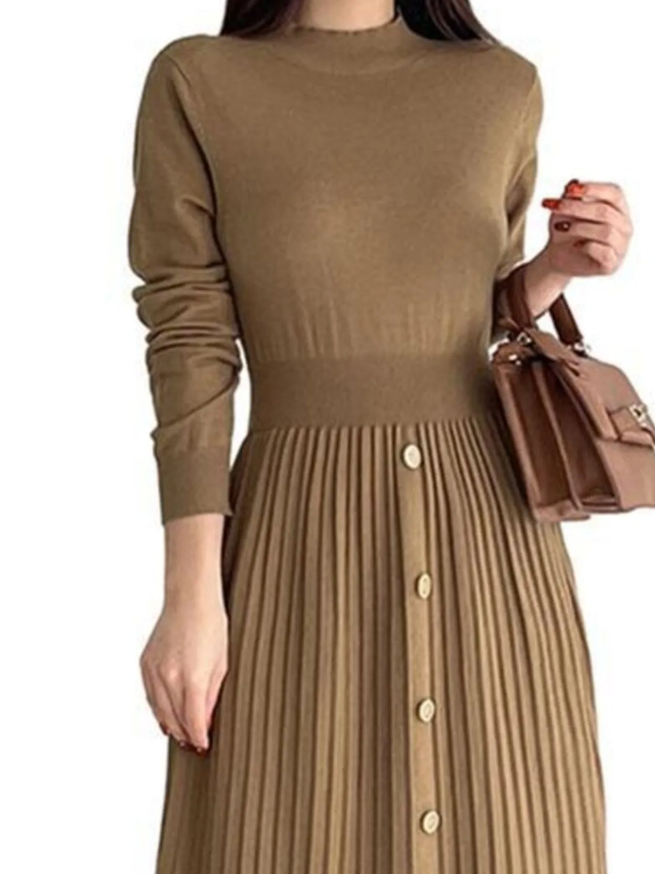 Slit Front Mock Neck Long Sleeve Knit Dress - Image 7