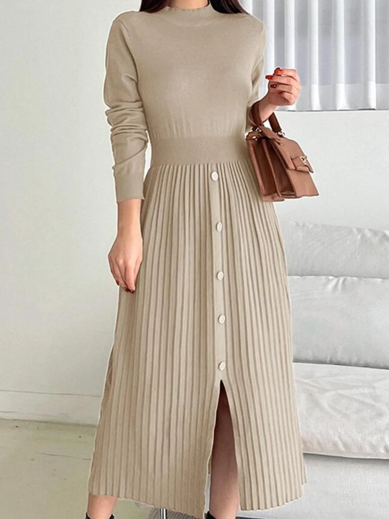 Slit Front Mock Neck Long Sleeve Knit Dress - Image 8