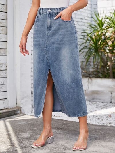Slit Midi Denim Skirt with Pockets - Image 4