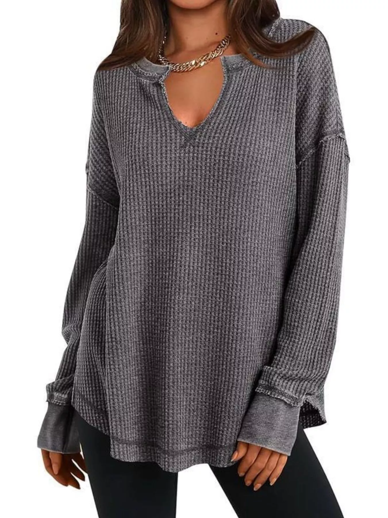 Slit Notched Long Sleeve T-Shirt - Image 13