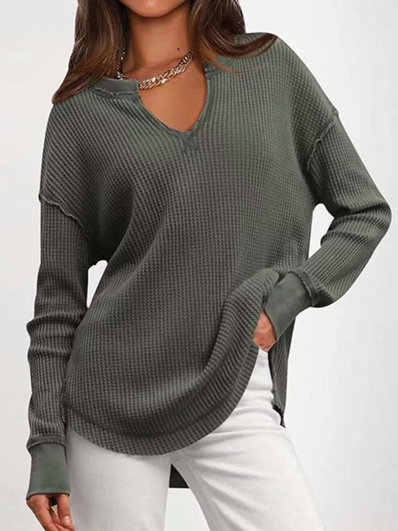Slit Notched Long Sleeve T-Shirt - Image 2