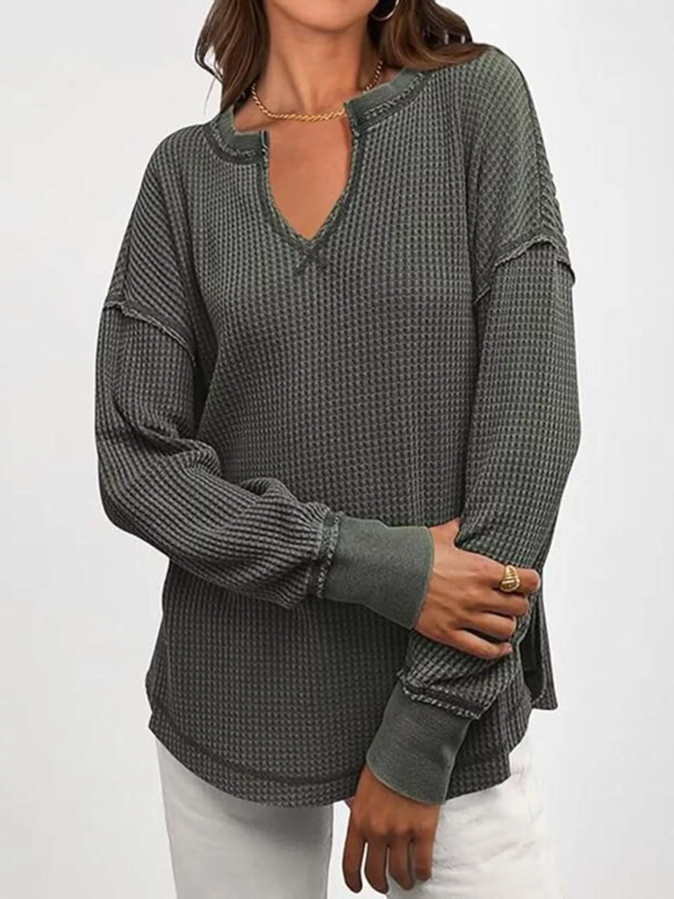 Slit Notched Long Sleeve T-Shirt - Image 3