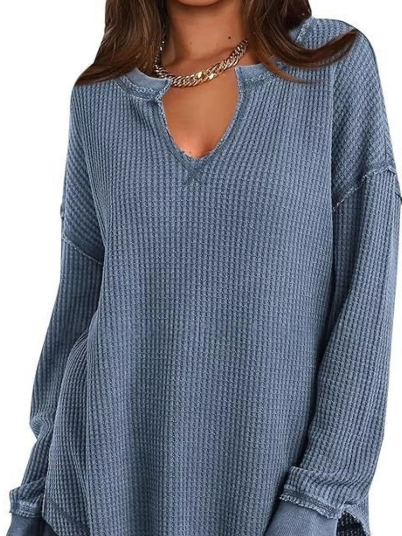 Slit Notched Long Sleeve T-Shirt - Image 7