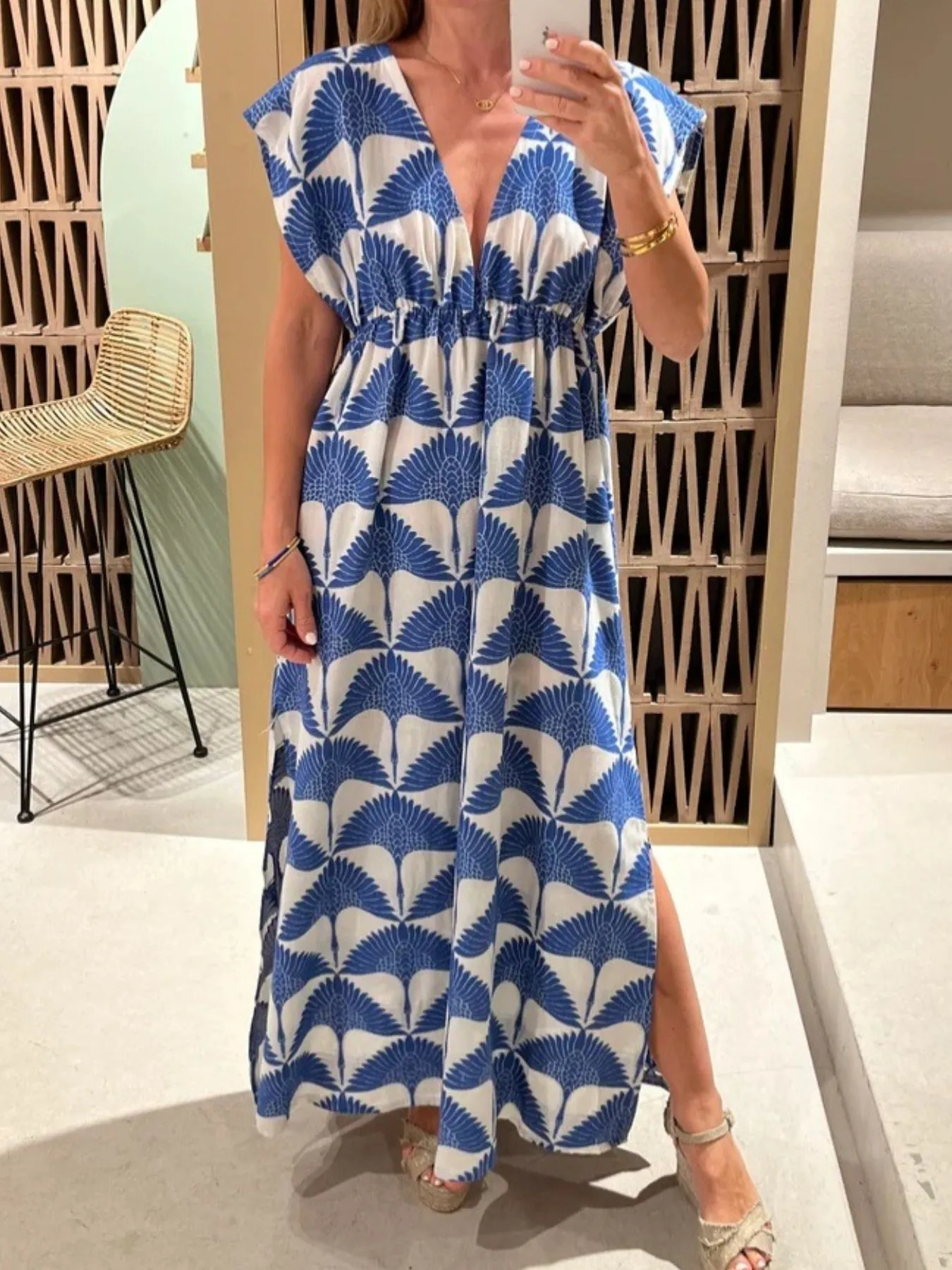 Slit Printed V-Neck Cap Sleeve Maxi Dress - Image 7