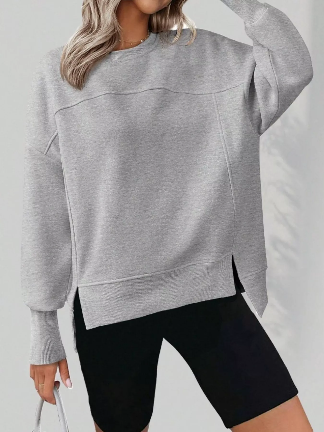 Slit Round Neck Dropped Shoulder Sweatshirt - Image 16