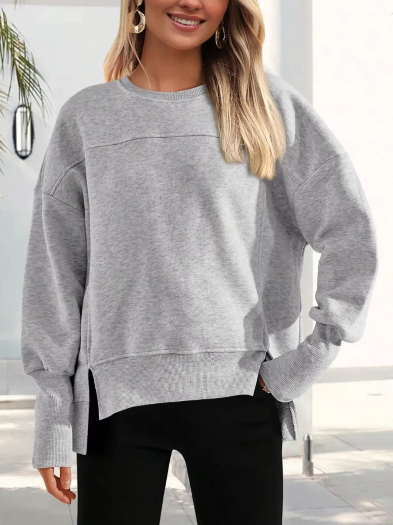 Slit Round Neck Dropped Shoulder Sweatshirt - Image 18