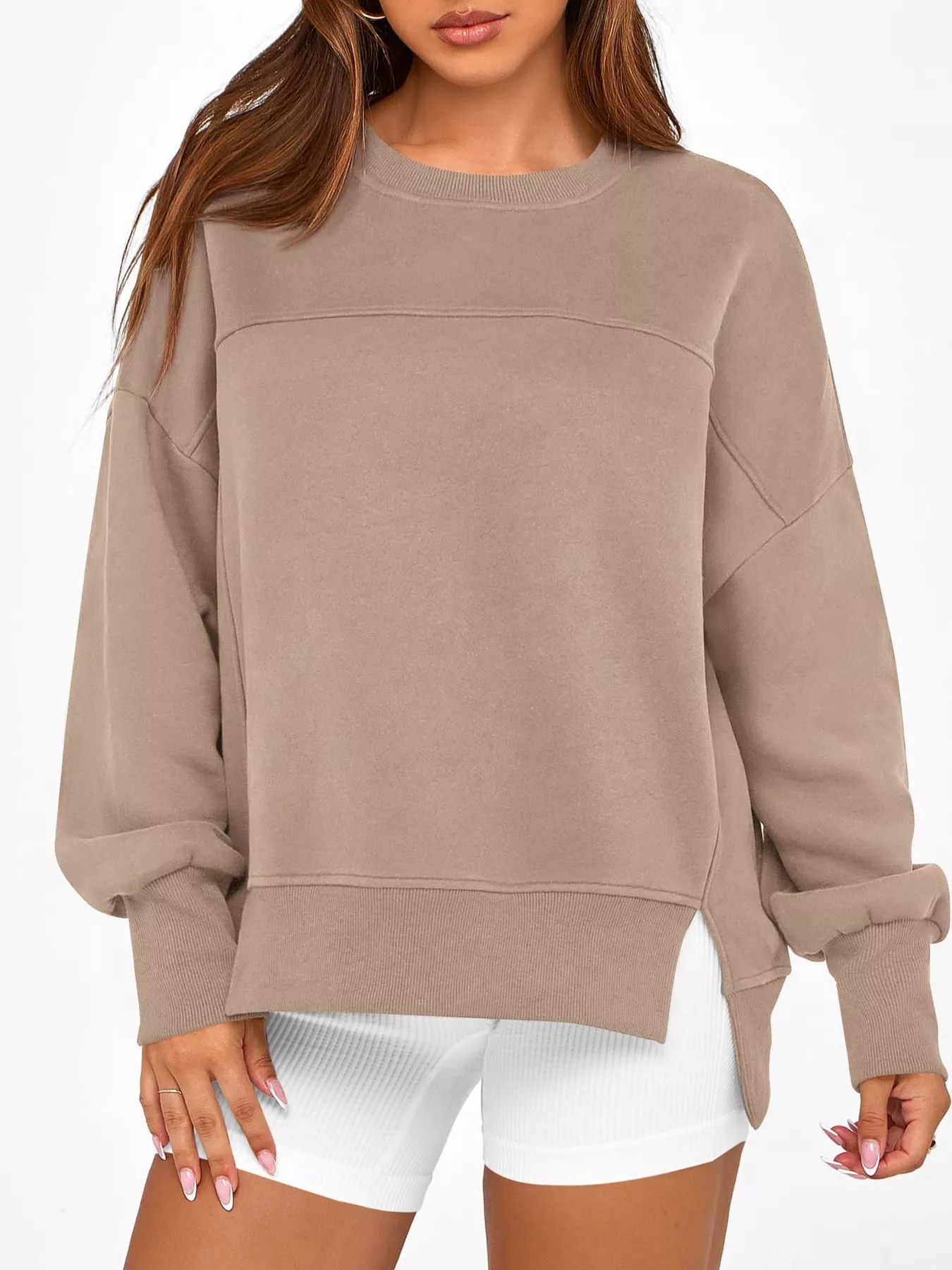 Slit Round Neck Dropped Shoulder Sweatshirt - Image 22