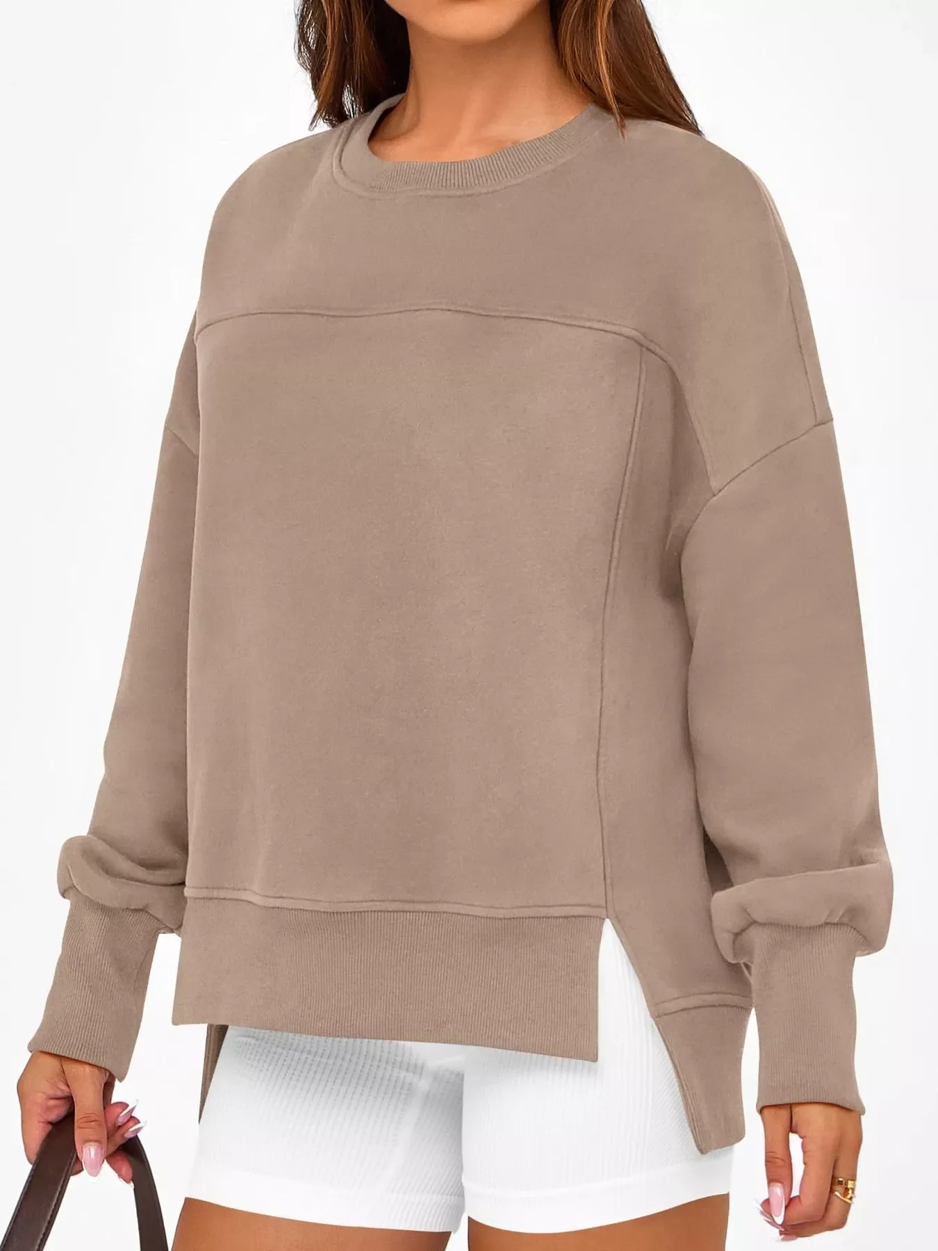 Slit Round Neck Dropped Shoulder Sweatshirt - Image 24