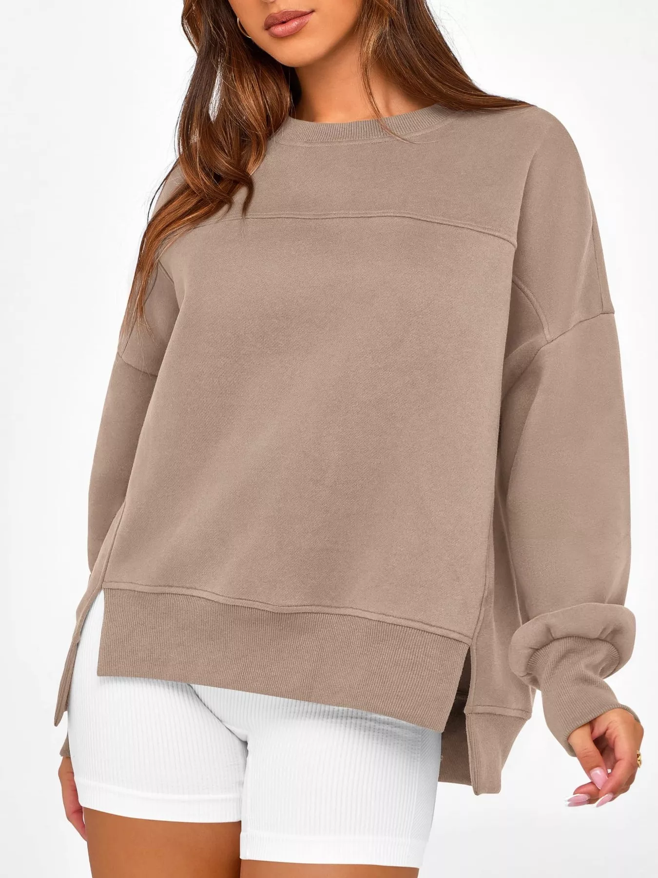 Slit Round Neck Dropped Shoulder Sweatshirt - Image 25
