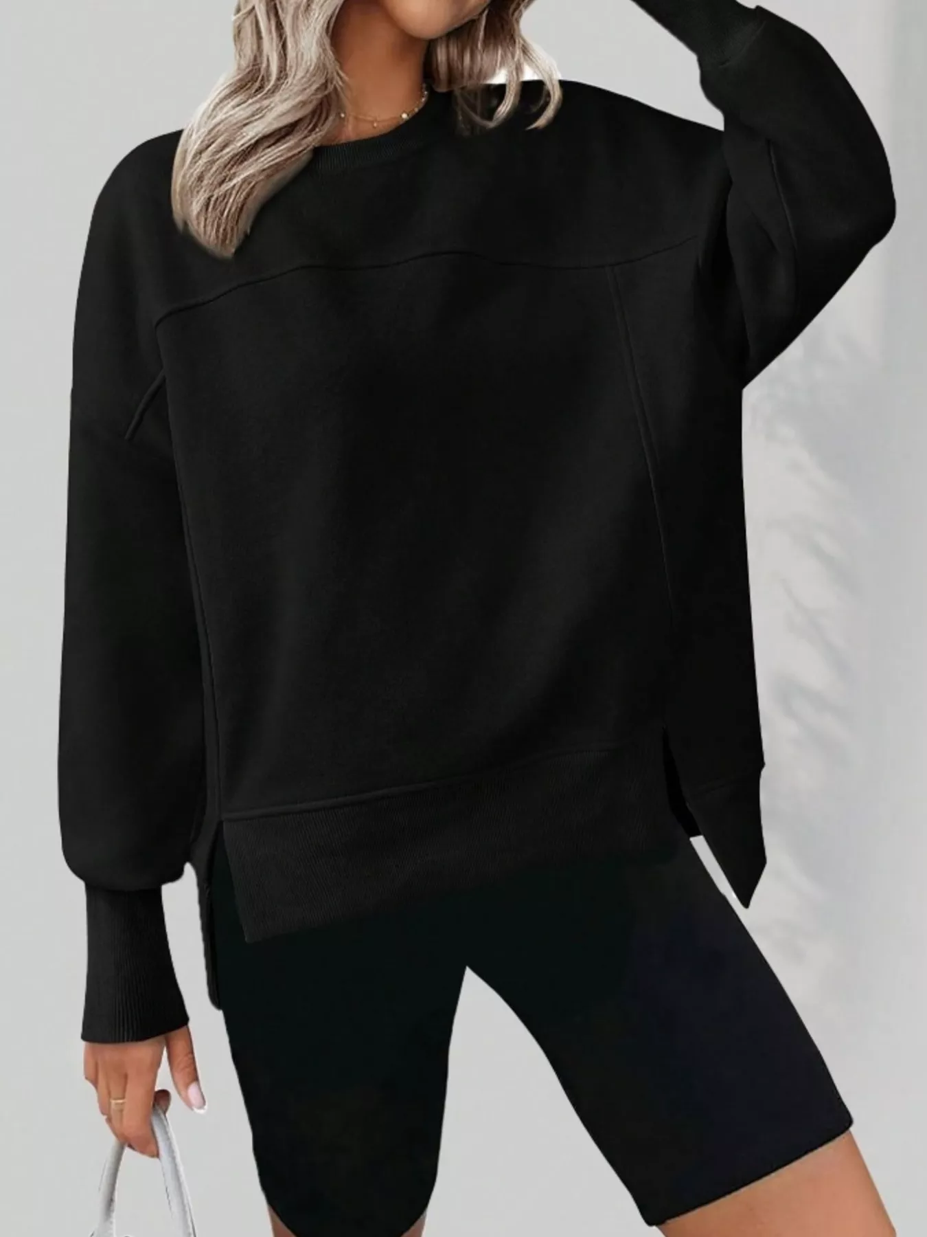 Slit Round Neck Dropped Shoulder Sweatshirt - Image 27