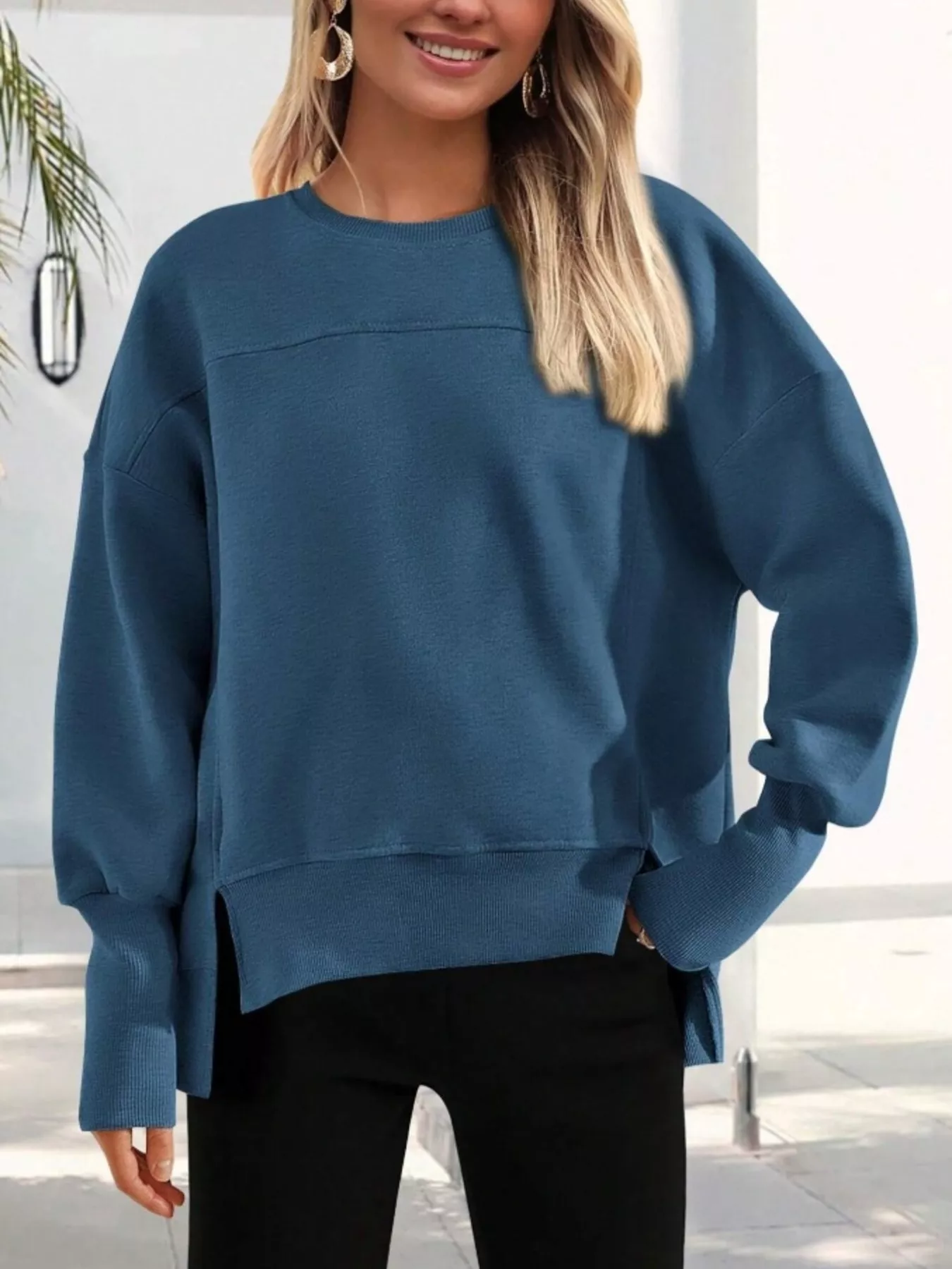 Slit Round Neck Dropped Shoulder Sweatshirt - Image 7