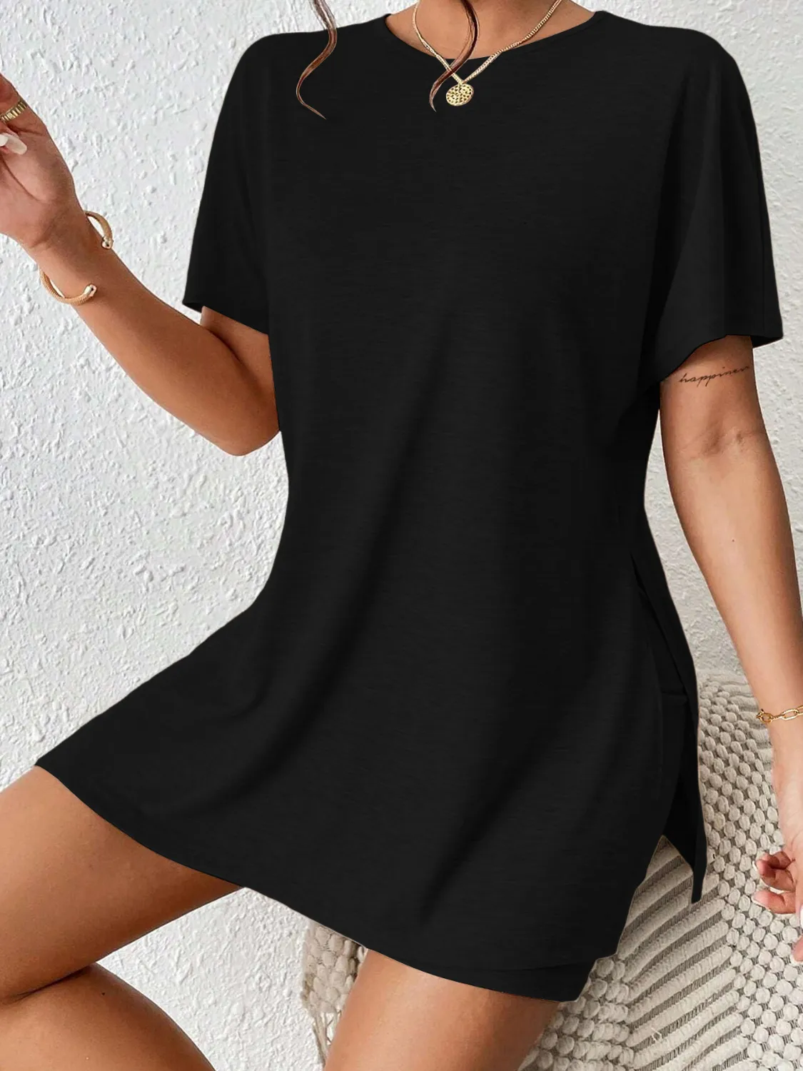 Slit Round Neck Short Sleeve Oversized Top and Shorts Set - Image 6