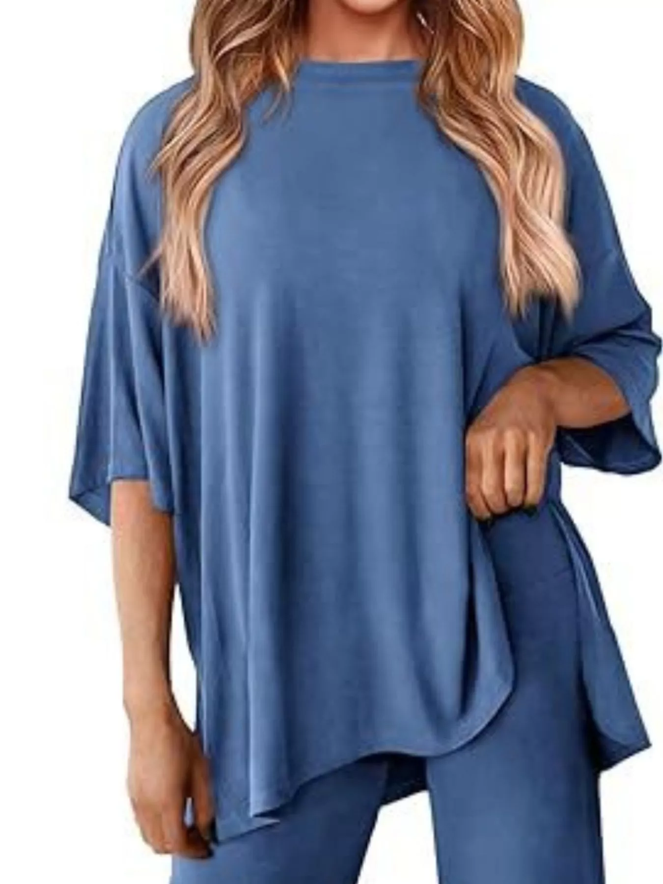 Slit Round Neck Top and Pants Set - Image 2