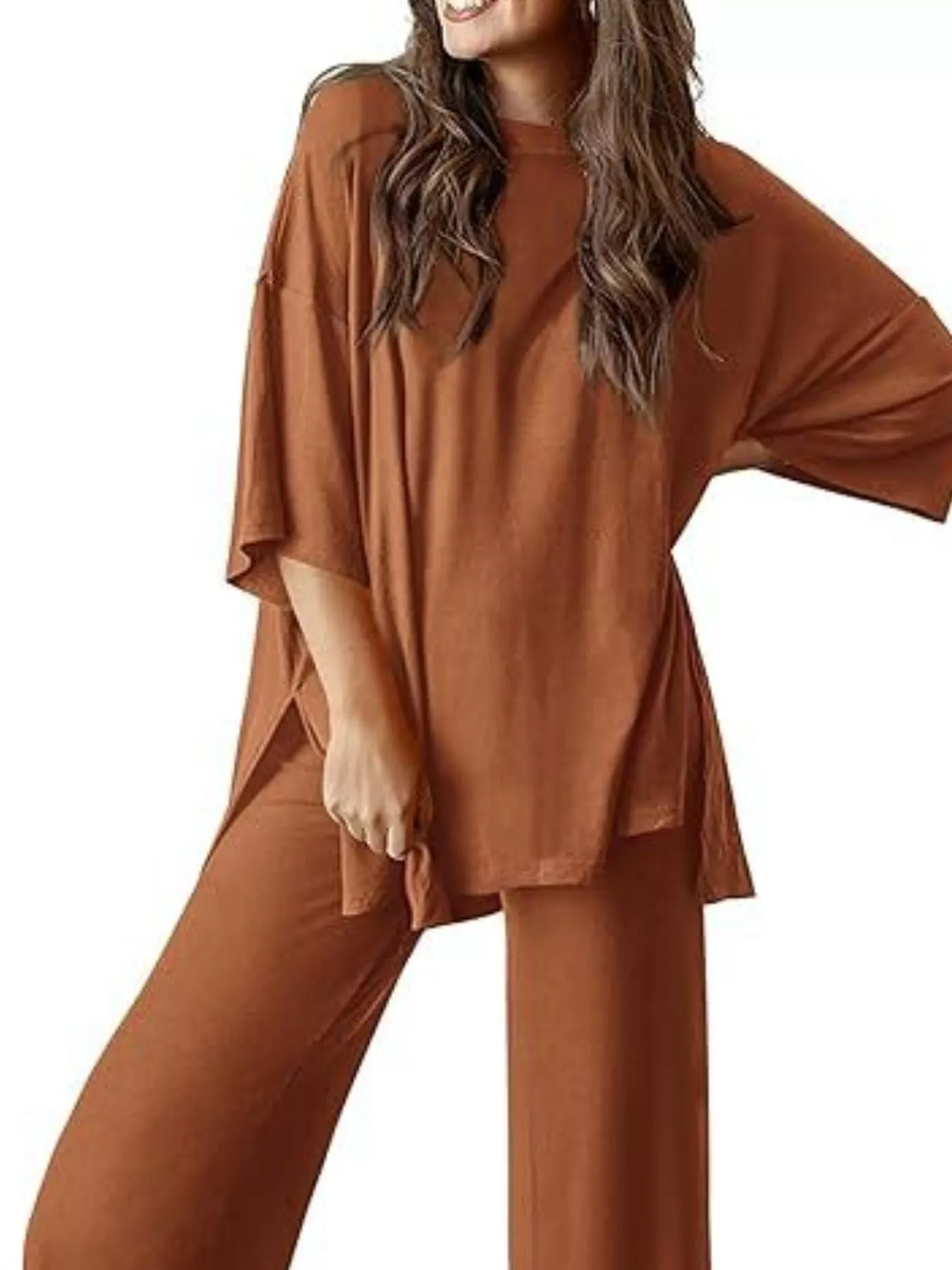 Slit Round Neck Top and Pants Set - Image 9