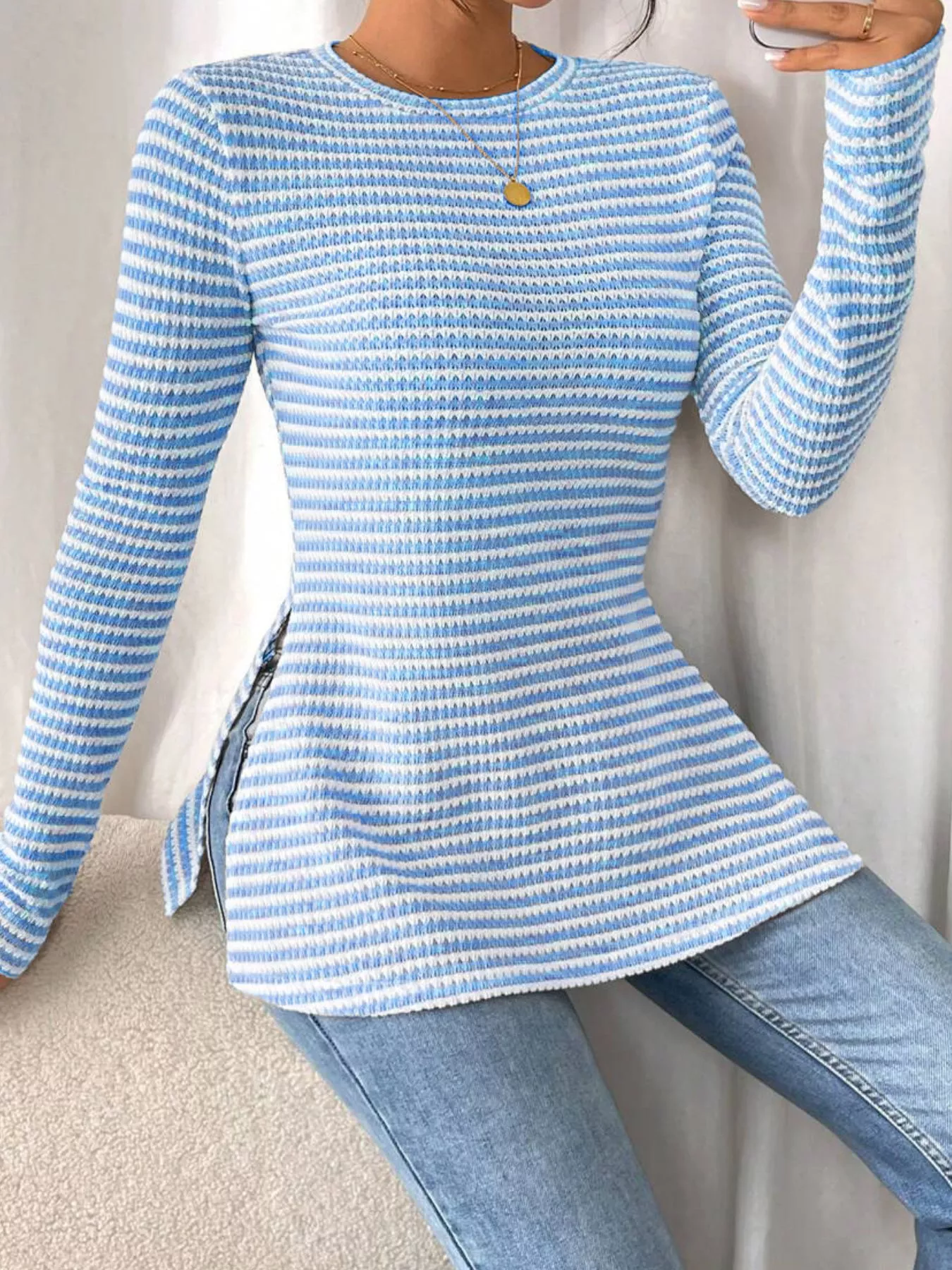 Slit Striped Long Sleeve Casual T-Shirt - Image 18