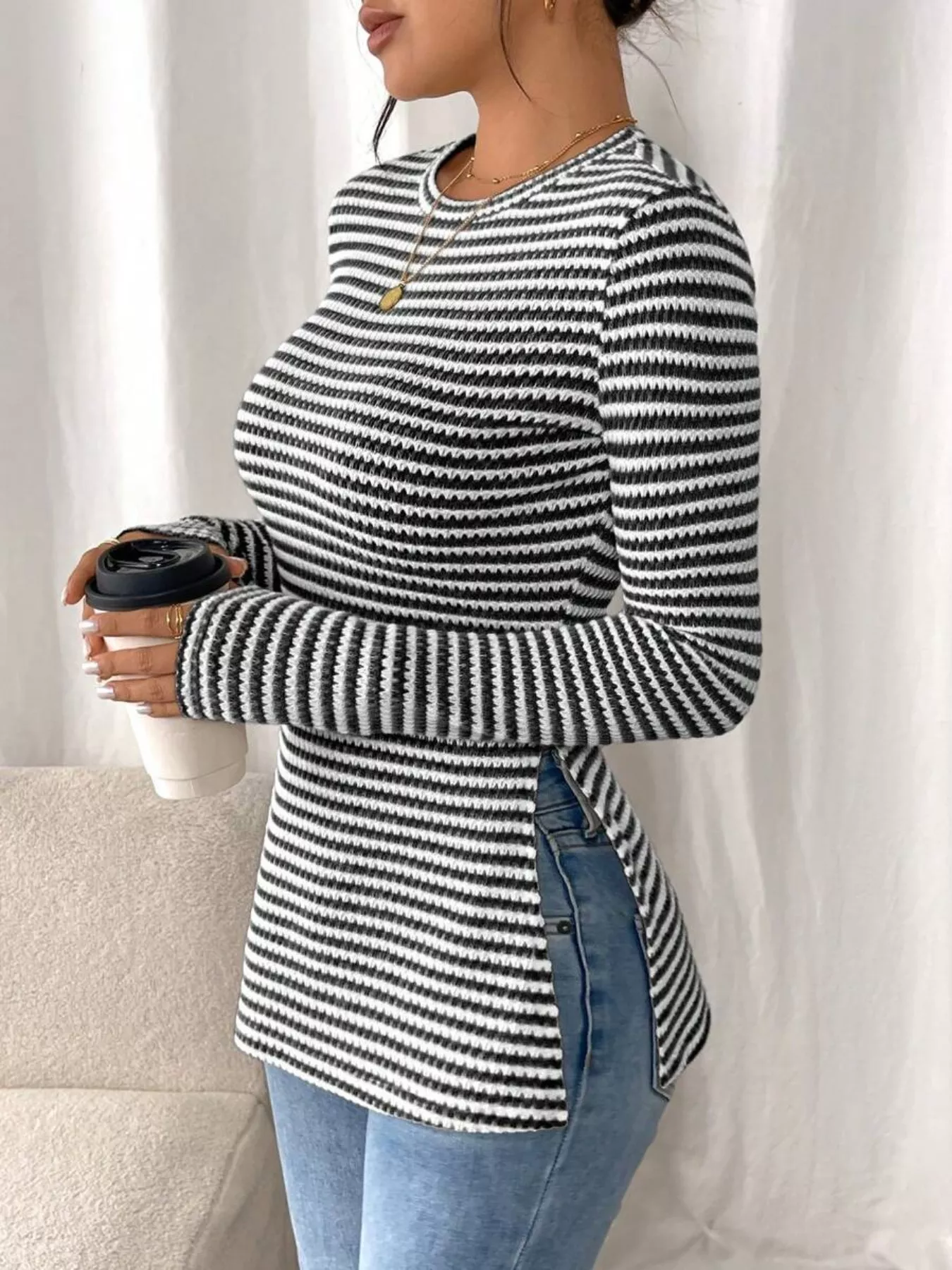 Slit Striped Long Sleeve Casual T-Shirt - Image 4
