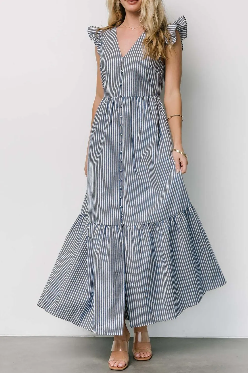 Slit Striped V-Neck Ruffled Cap Sleeve Dress - Image 5