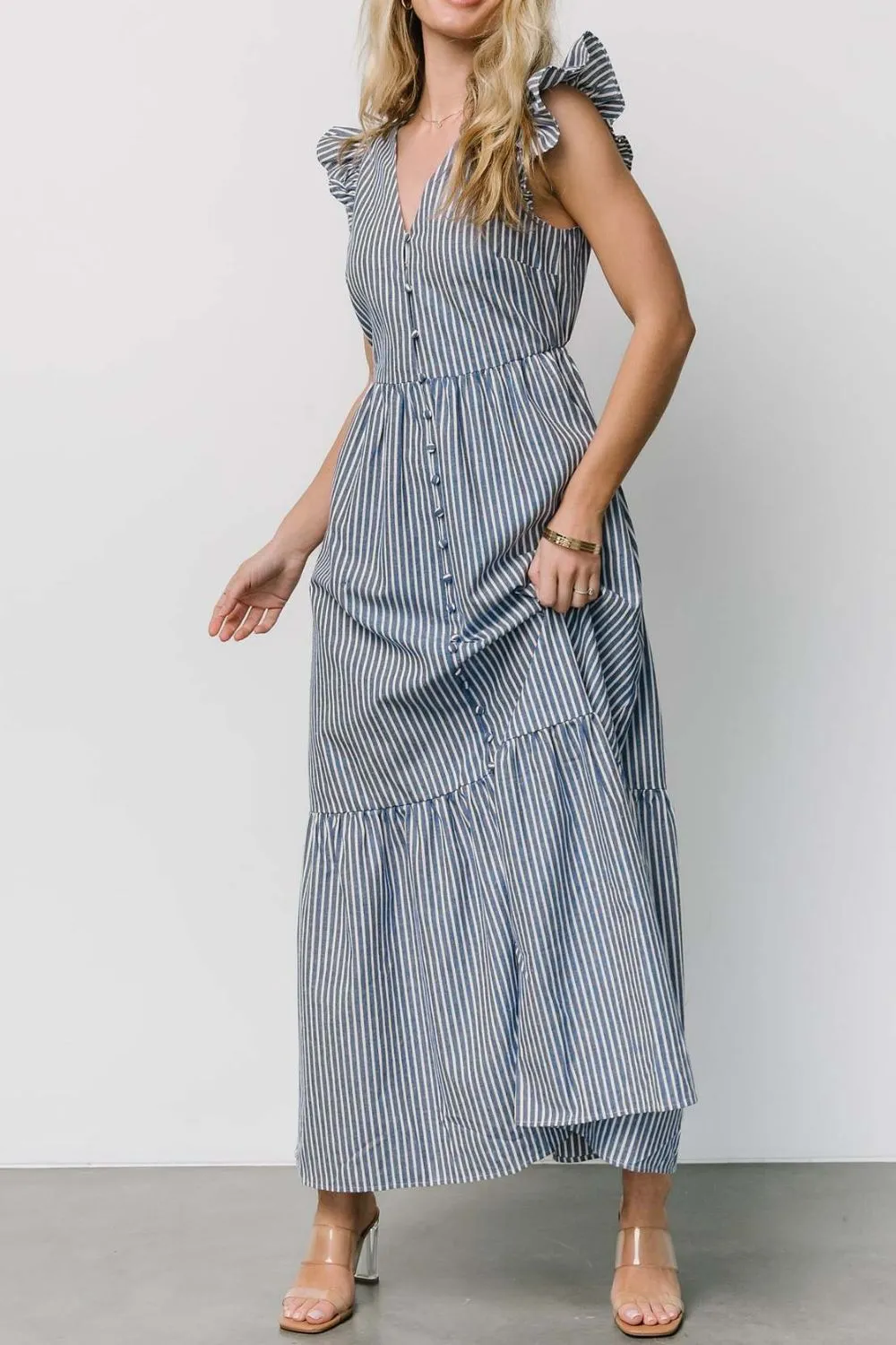 Slit Striped V-Neck Ruffled Cap Sleeve Dress - Image 6