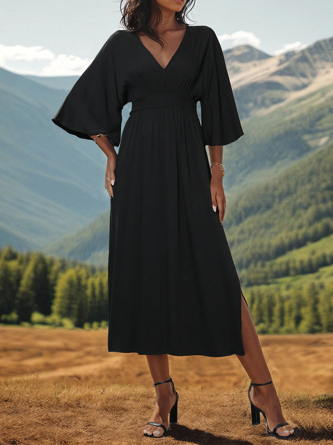 Slit V-Neck Long Sleeve Midi Dress - Image 3