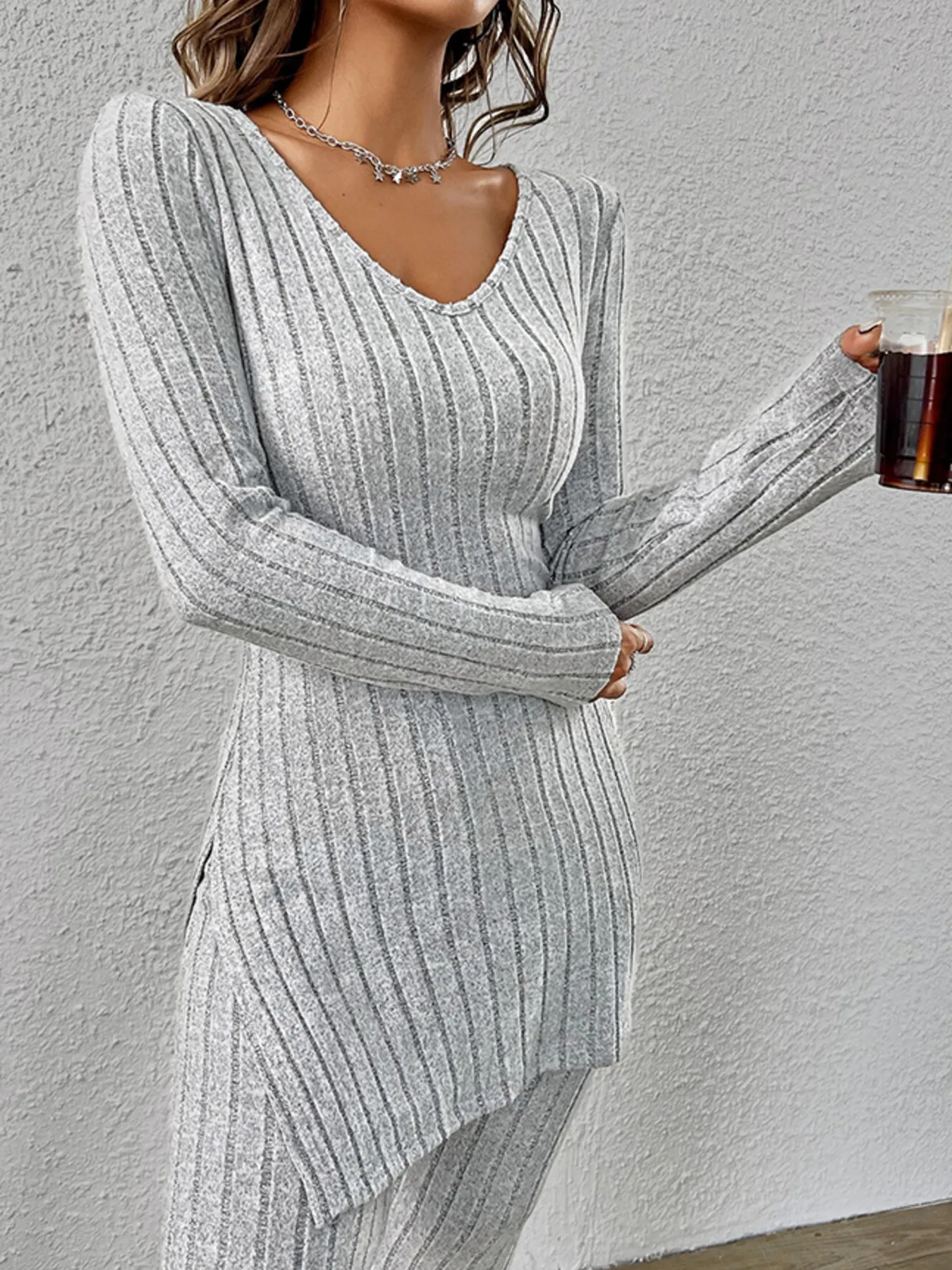 Slit V-Neck Ribbed Top and Pants Set - Image 4