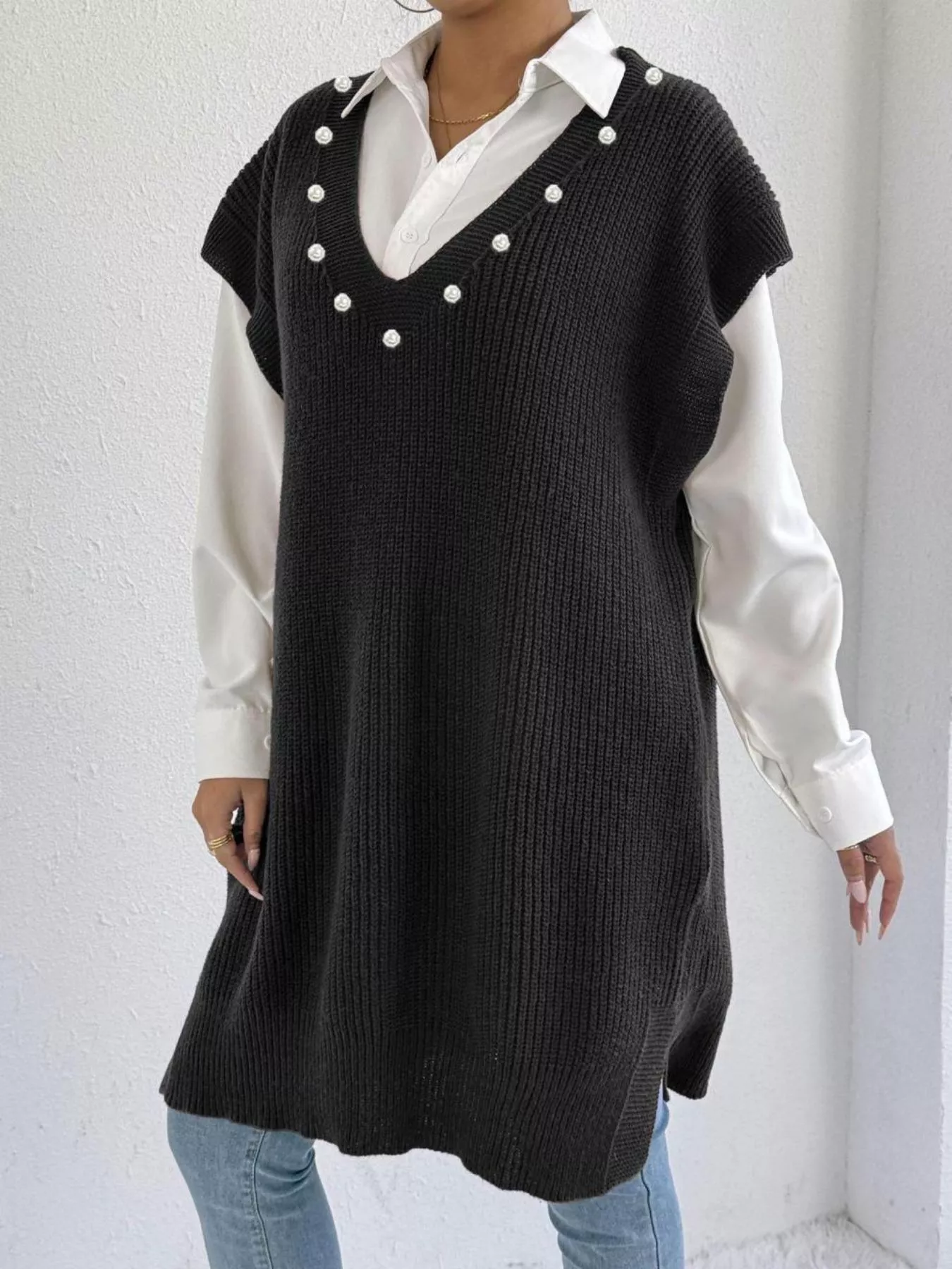 Slit V-Neck Sweater Dress - Image 10