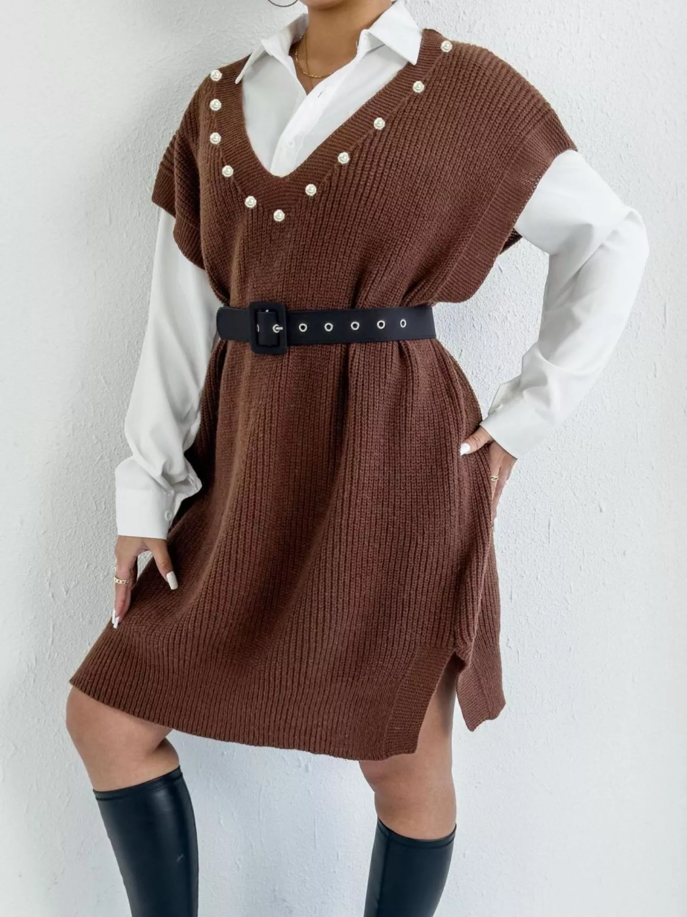 Slit V-Neck Sweater Dress - Image 3