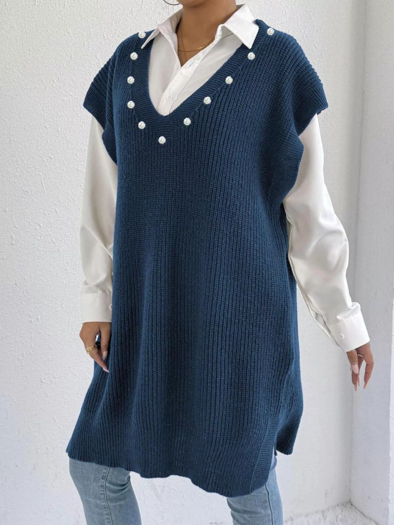 Slit V-Neck Sweater Dress - Image 7