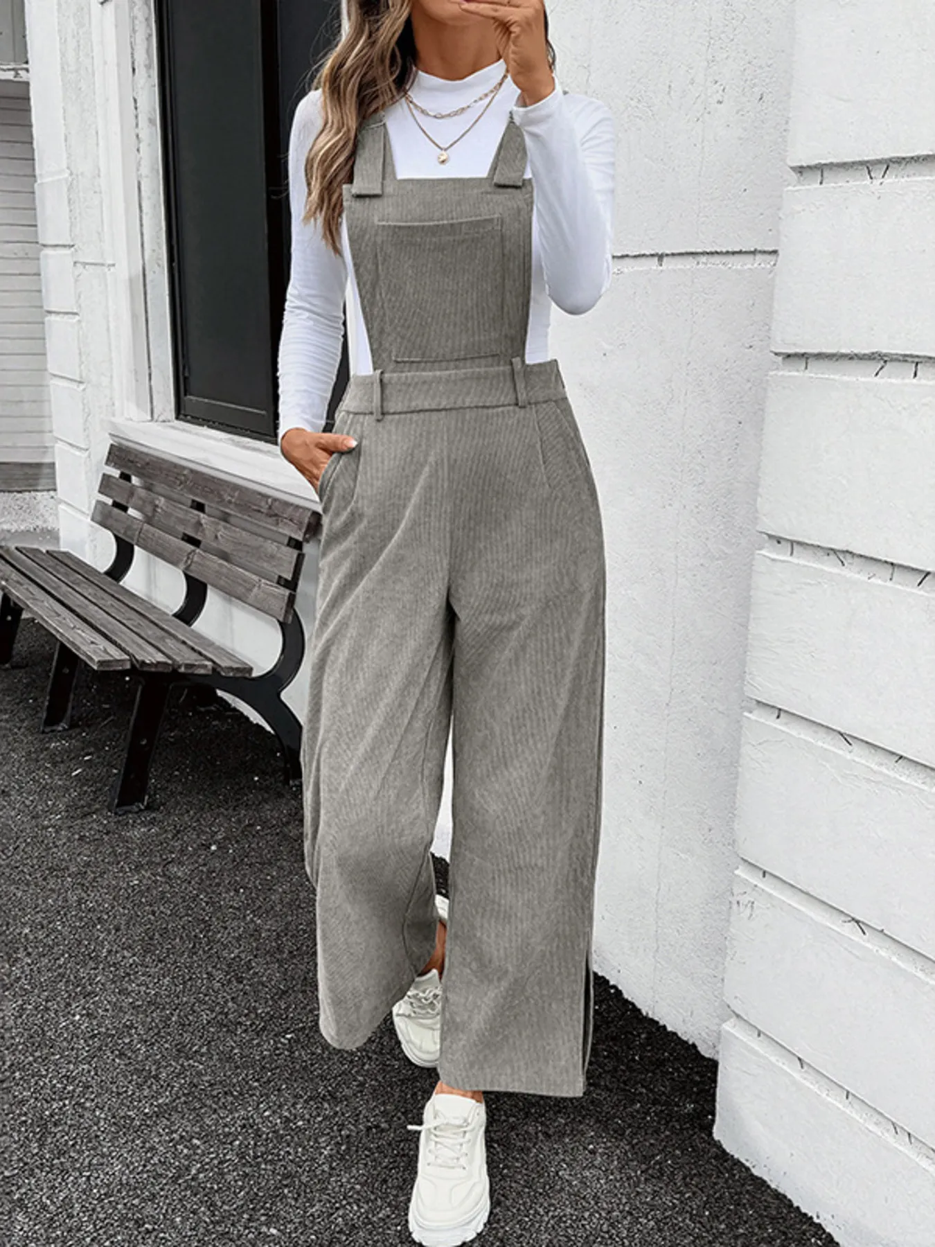 Slit Wide Leg Overalls with Pockets - Image 5