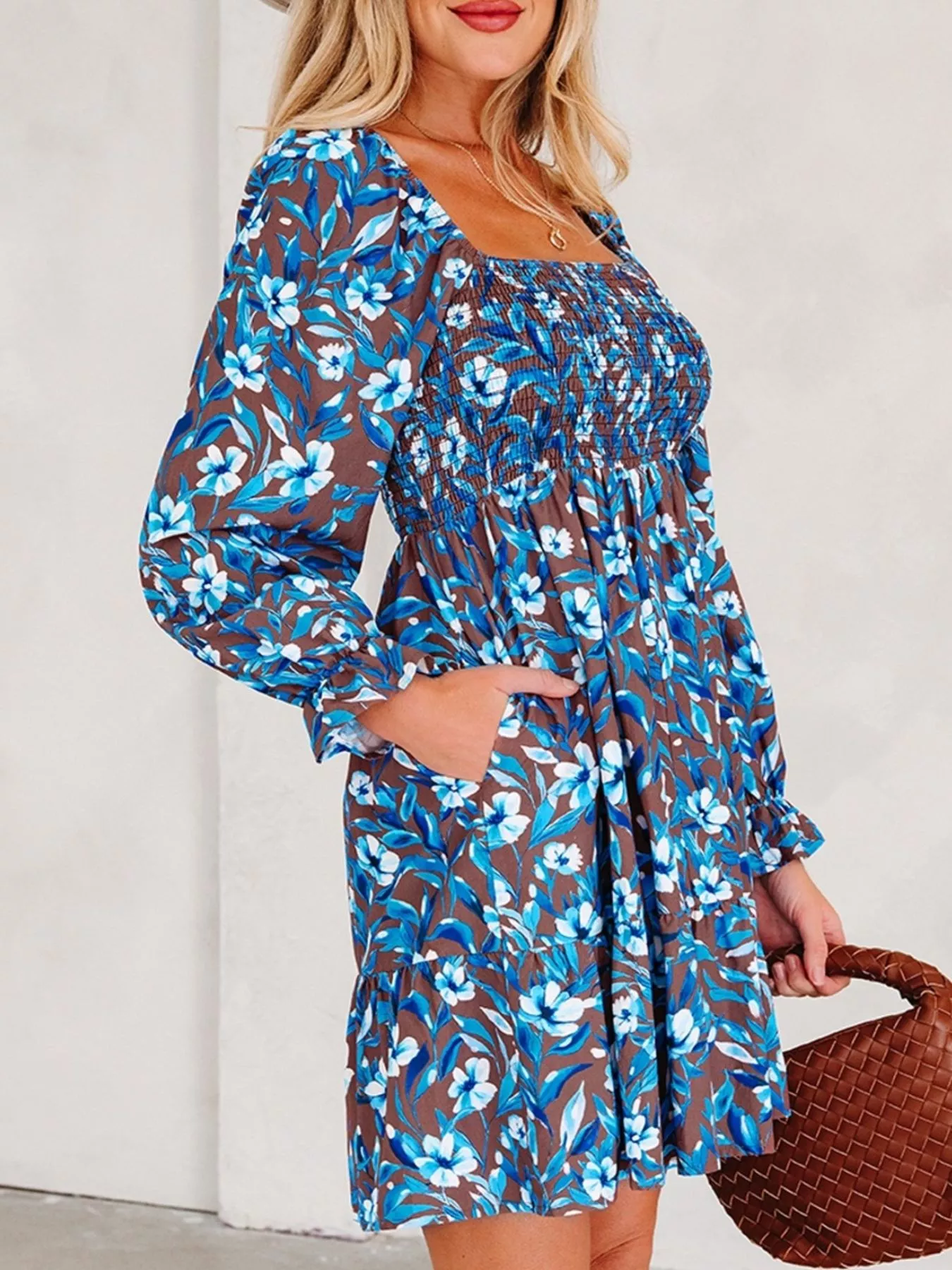 Smocked Bodice High Waist Ruffled Sleeve Floral Dress - Image 4