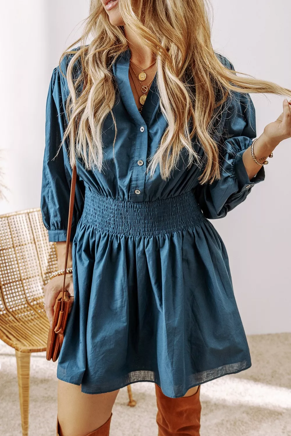 Smocked Button Front Mini Dress - Image 3