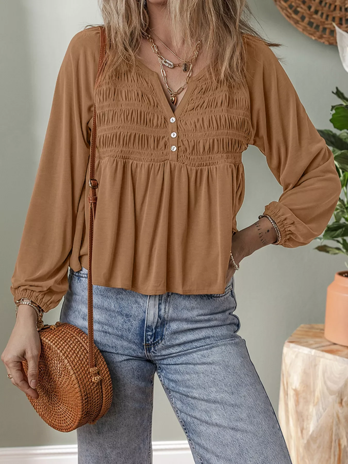 Smocked Buttoned Split V Neck Flow Fit Blouse - Image 3