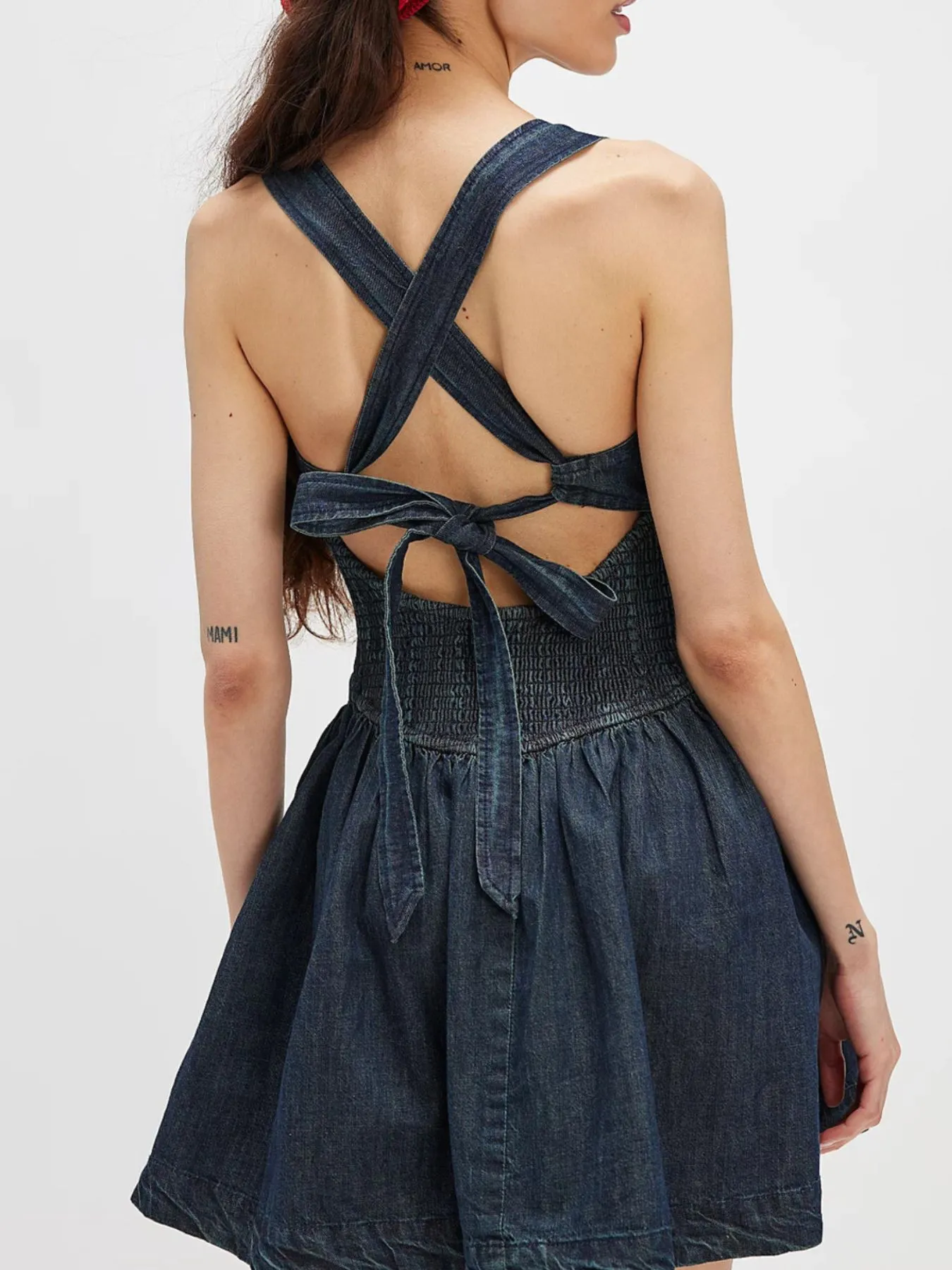 Smocked Crisscross Back Denim Mini Dress - Image 7