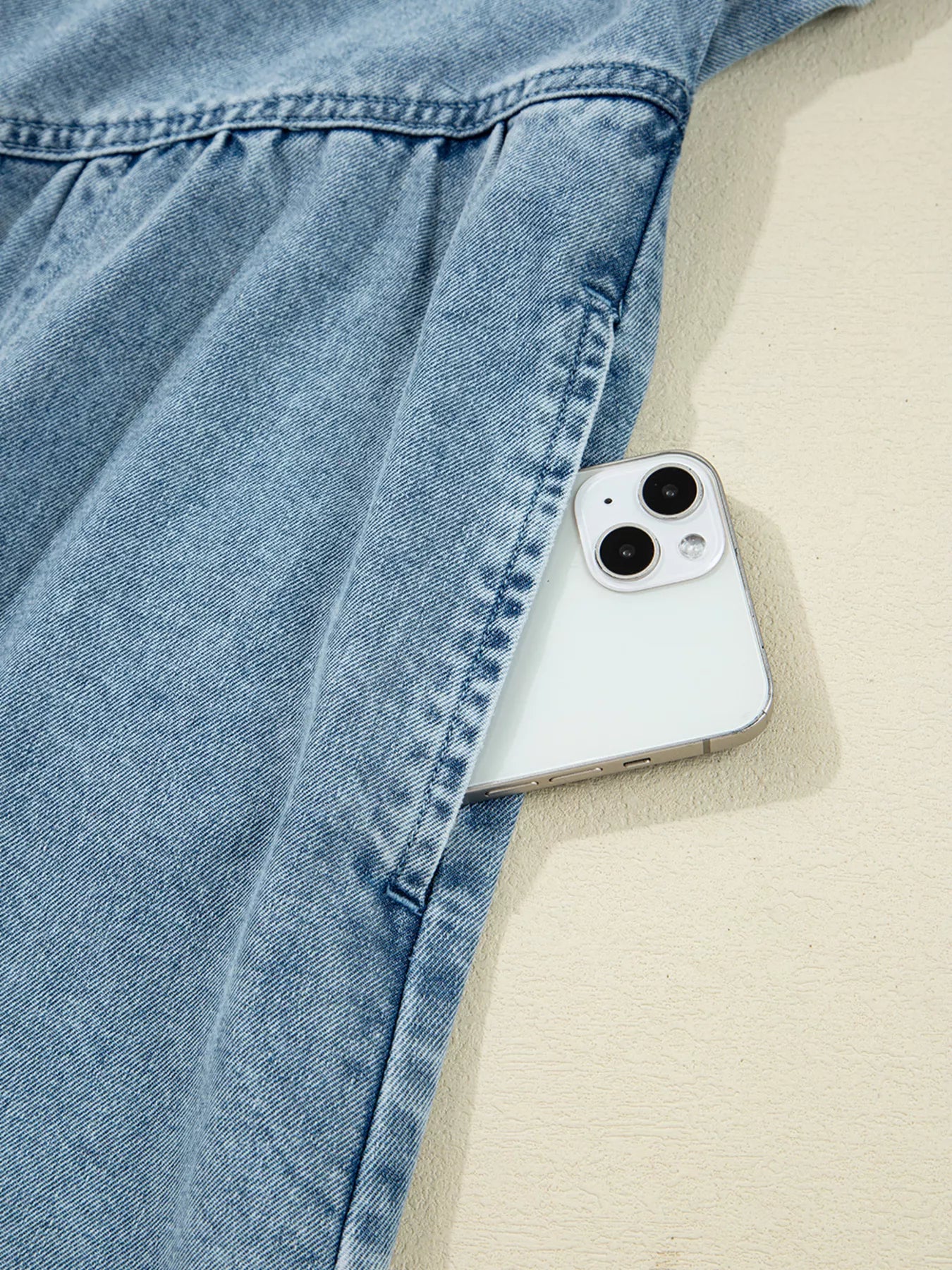 Smocked Cuffs Flared Denim Shirt Mini Dress - Image 11