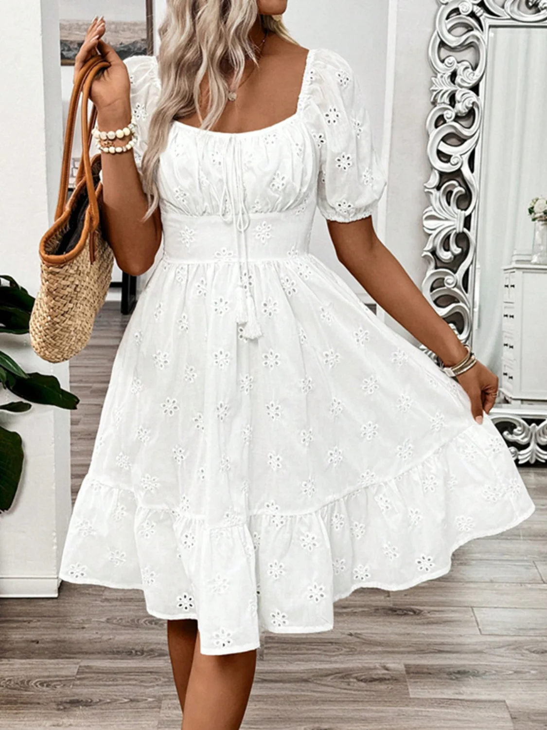 Smocked Eyelet Square Neck Puff Sleeve Mini Dress - Image 2