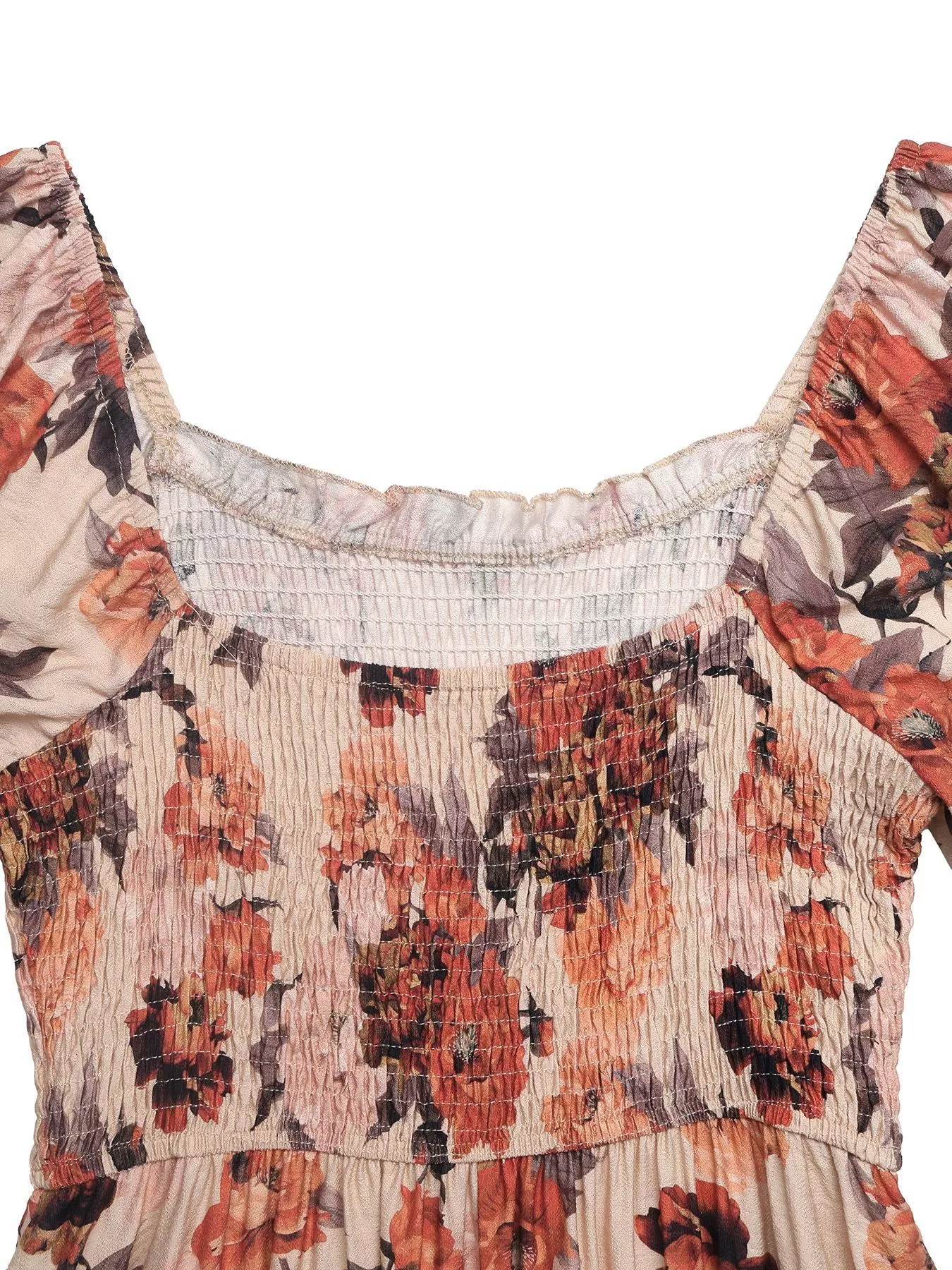 Smocked Floral Print Flounce Sleeve Dress - Image 7