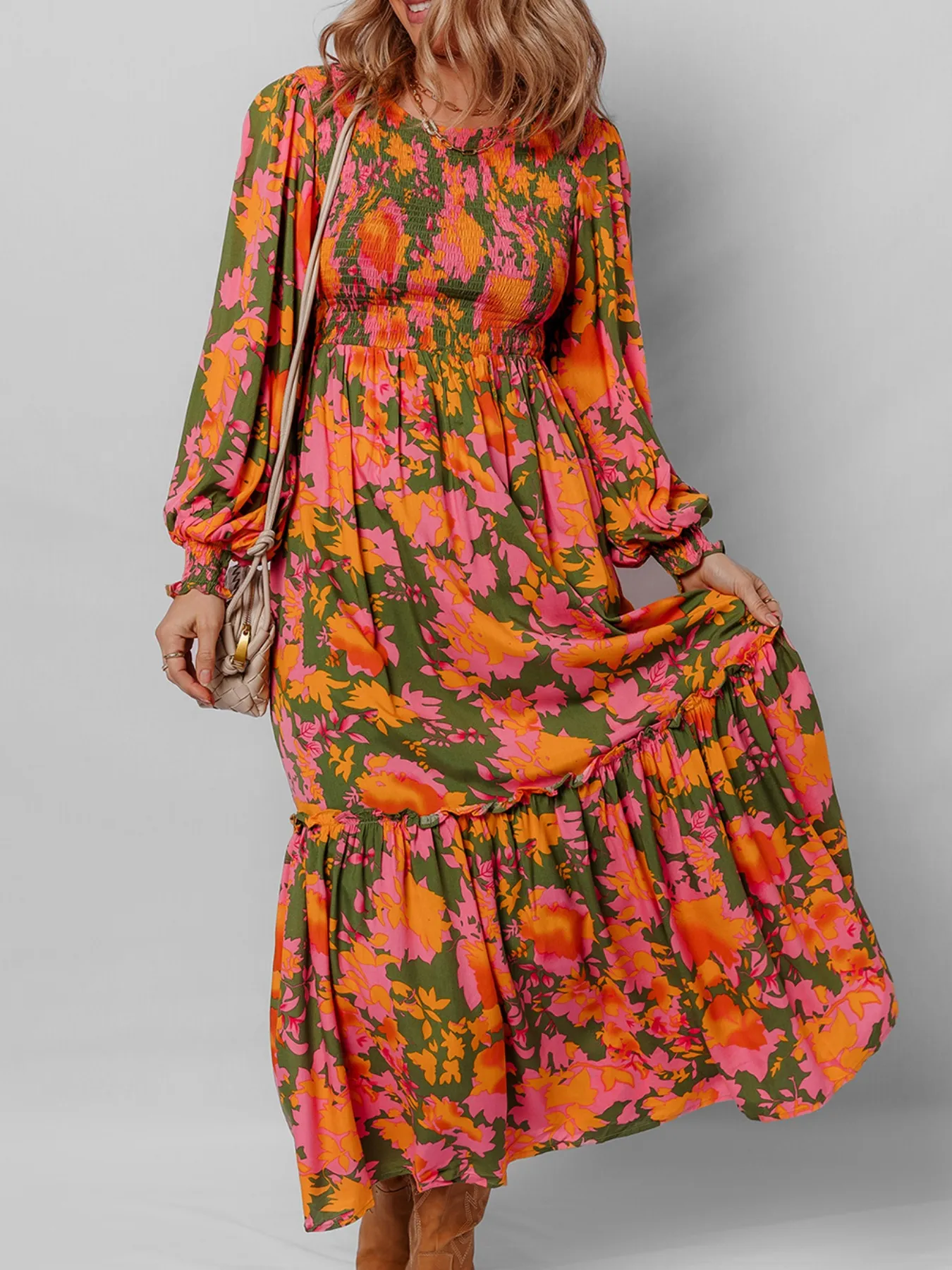 Smocked Floral Print Long Sleeve Maxi Dress - Image 4